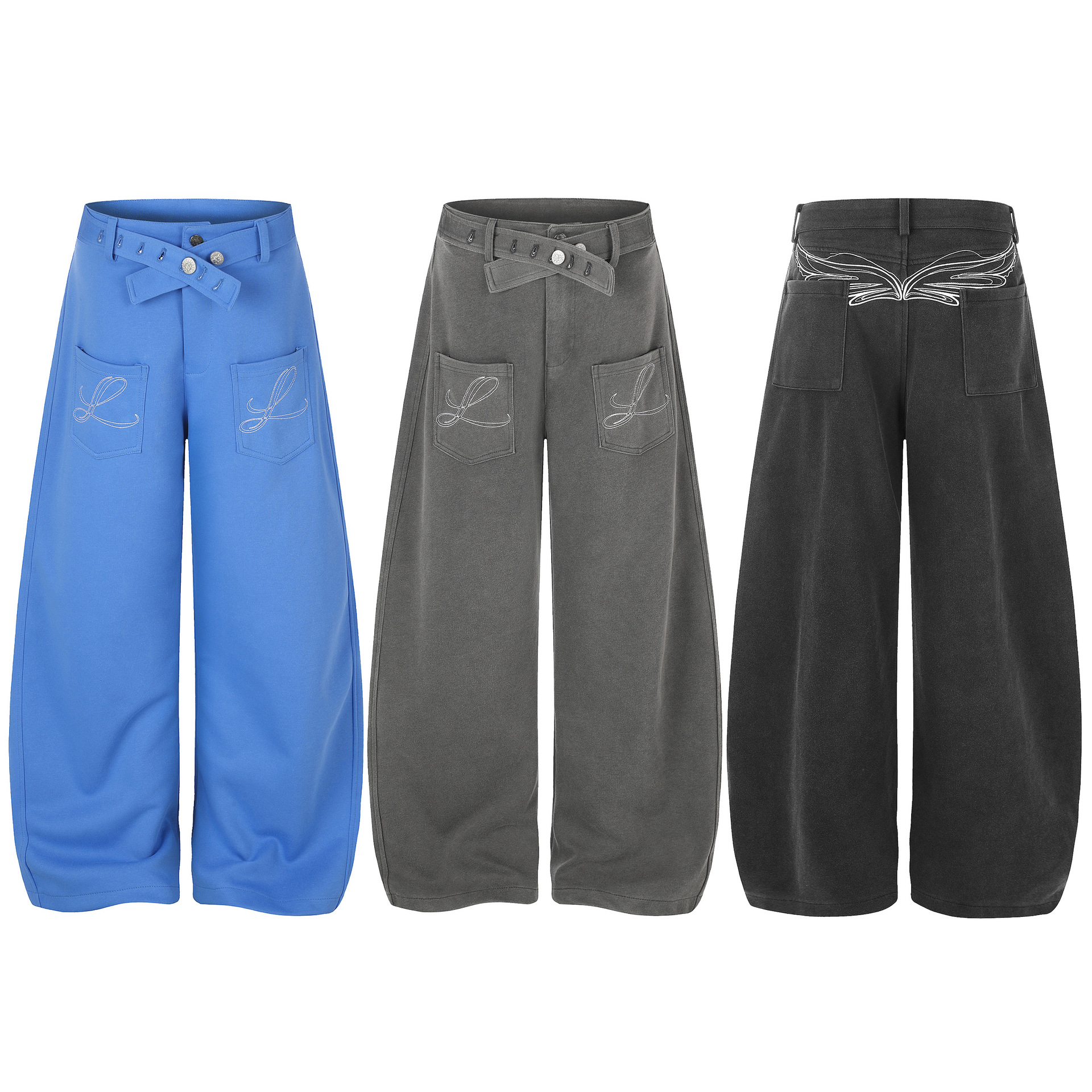 Washed Cross Waist Butterfly Embroidery Wide Leg Pants — image 5