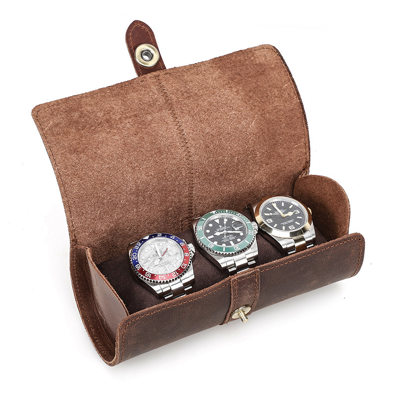 CONTACTS FAMILY Vintage Crazy Horse Leather Watch Storage Box with Round Buckle Clasp - 3 Pack — image 4