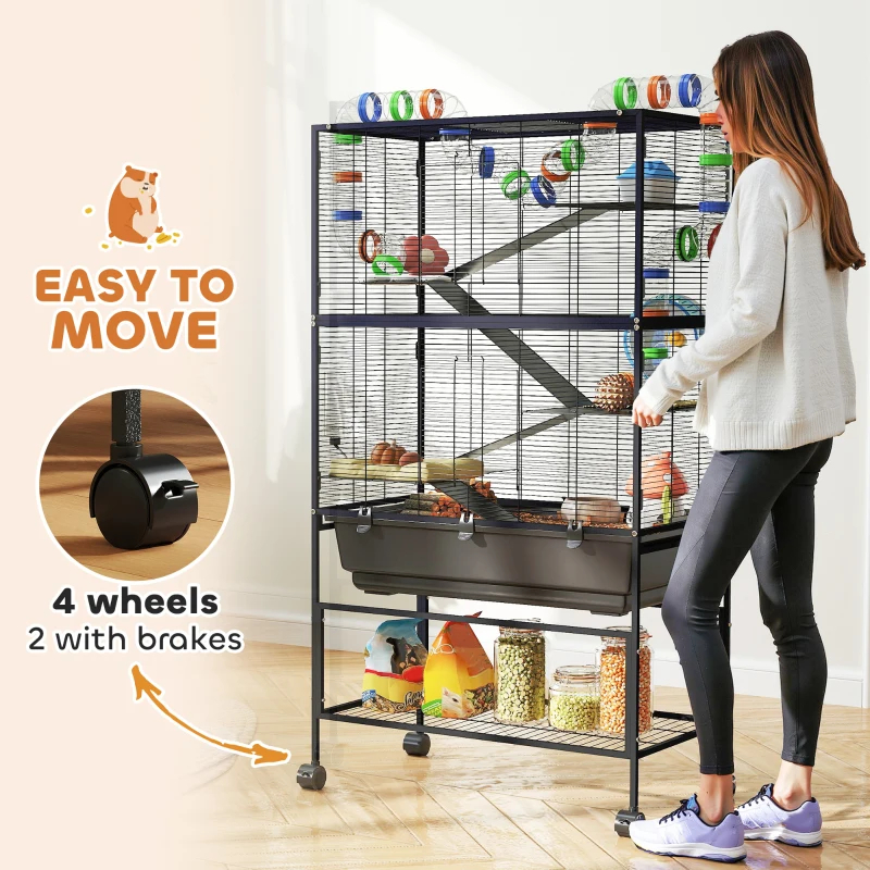 PawHut 5 Tier Hamster Cage, Rolling Rat Cage With Deep Tray, Storage Shelf, Big Exercise Wheel, Hut, Tube System — image 2