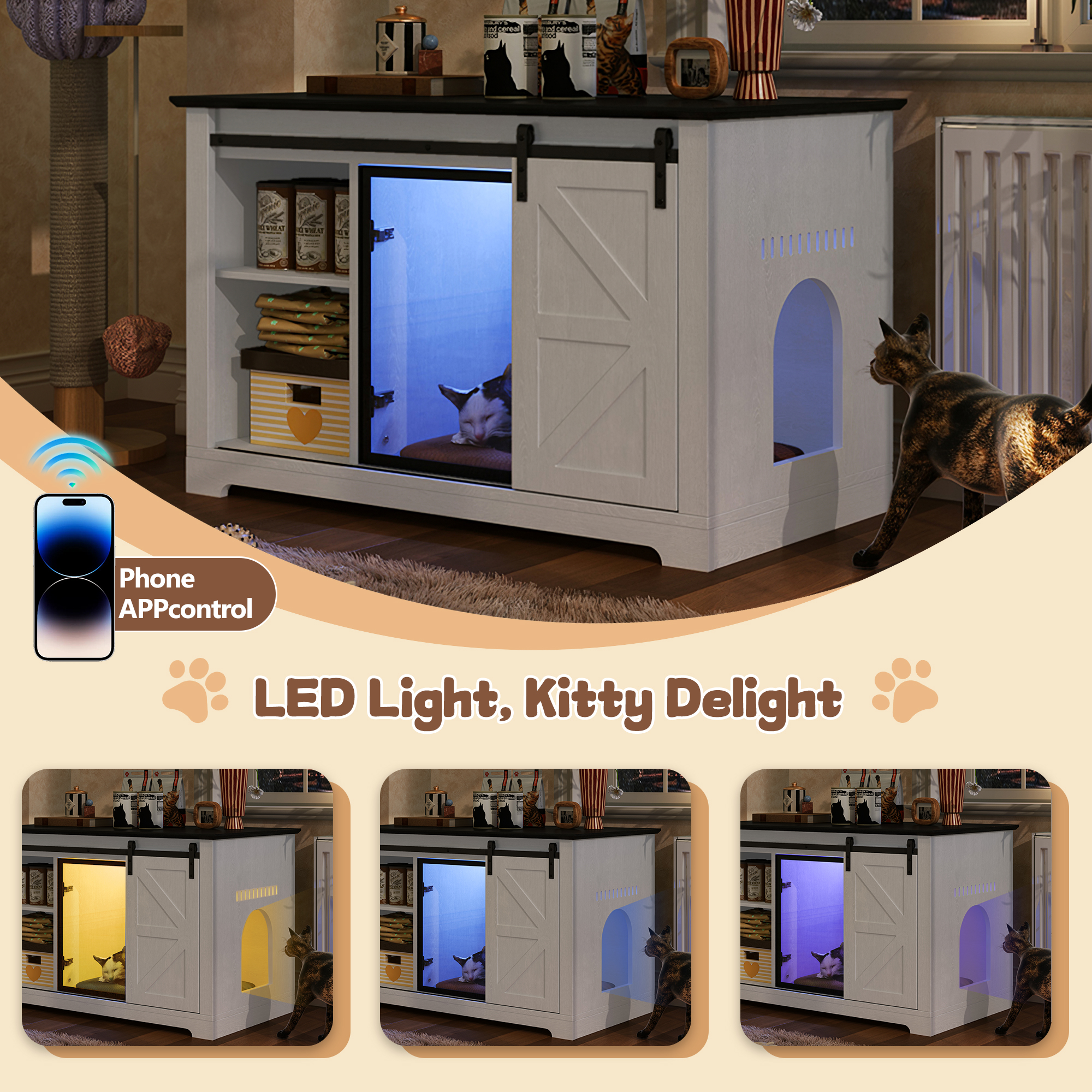 Mueble ocultador de arenero de 46" estilo granja con puerta corrediza tipo granero, blanco, puerta grande oculta de acrílico, gabinete para gato con luz LED, mueble para baño de gato con espacio de almacenamiento, mesita de noche tipo casa de gato, blanco — imagen 4