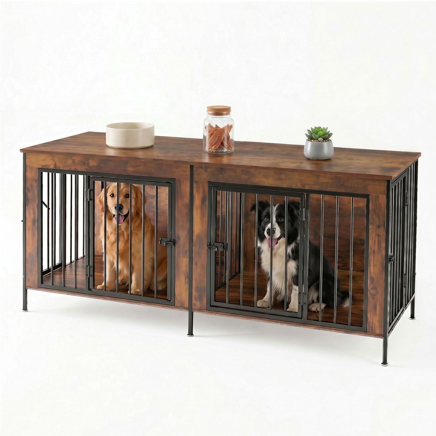 Double Dog Crate Furniture With Divider, Heavy Duty Pet Kennel End Table TV Stand, Extra Large Double Door — image 5