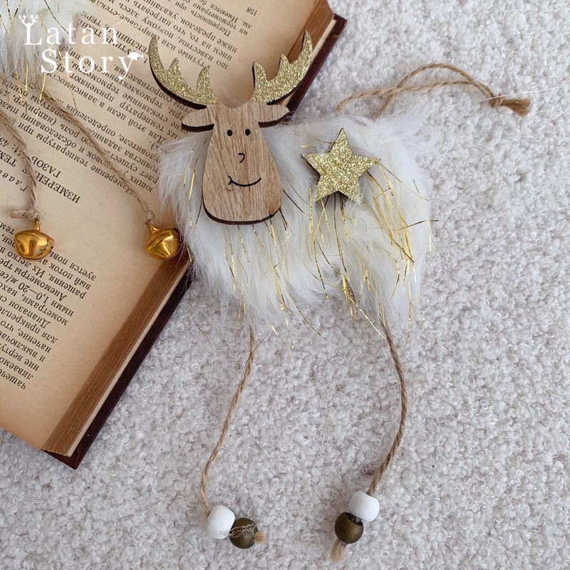 Creative Reindeer Ornament for Christmas Decoration, Plush Wooden Reindeer Craft Hanging Decor — image 3