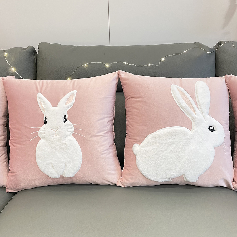 Soft Rabbit Pillow Cover Sofa Cushion Velvet Embroidered Pillow Girl's Heart Pink Cartoon Pillow Cover Cute — image 11