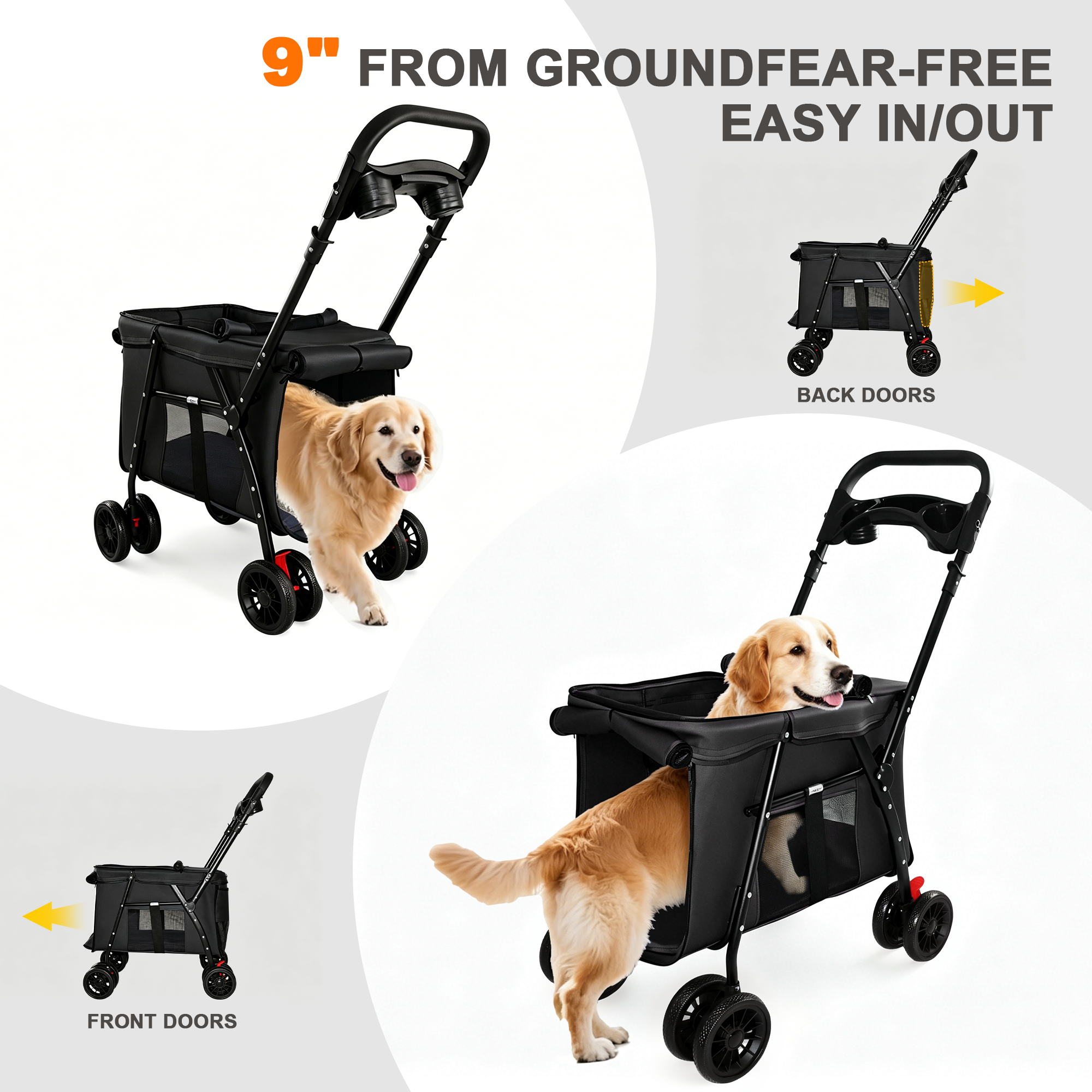 Carril de Mascotas Plegable 4-Ruedas, Malla Respirable para Perros y Gatos con Ruedas de Choque, Sistema de Freno, Plataforma de Almacenamiento, 2 Correas de Seguridad Fijas, Espacio Amplio para Pequeños a Medianos Animales, Negro — imagen 8