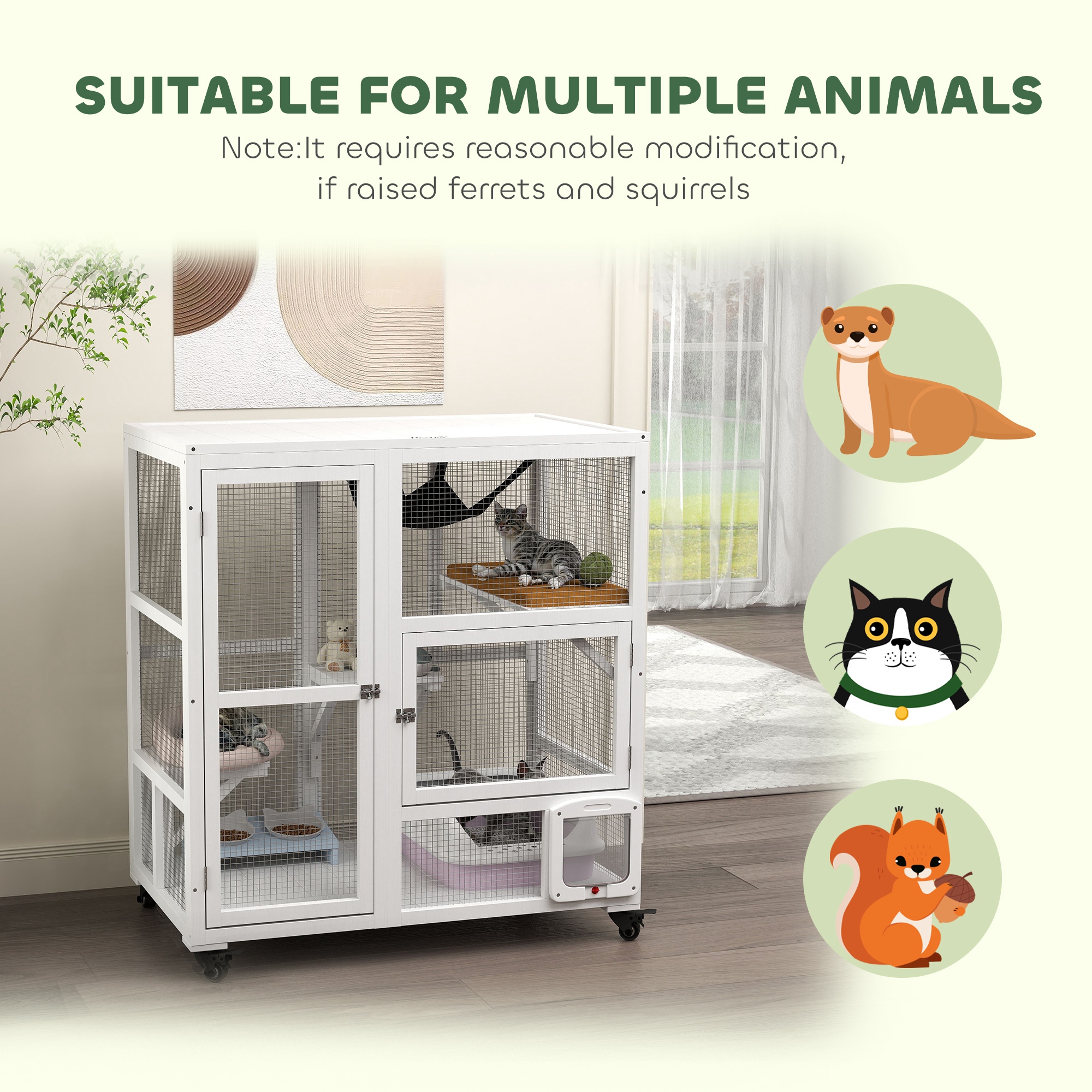 Casa para Gatos, Encierro Interior en Ruedas con Parte Superior Abatible, 39", Blanco — imagen 6