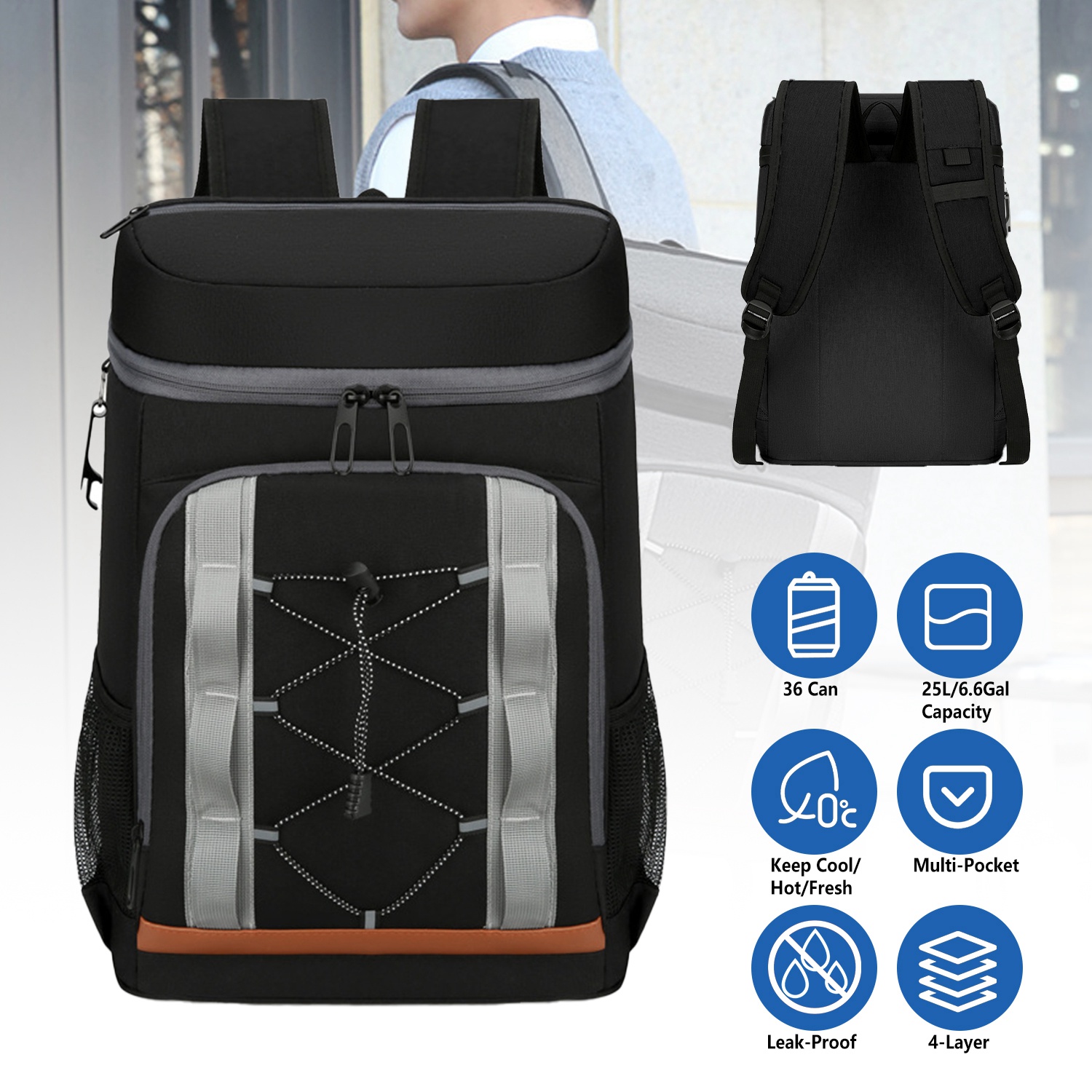 Opciones Gris-Negro - 1 Pieza Bolsa de Enfrío para Caminar con 36 Cánicas Resistentes al Derrame y Aisladas, 25L / 6.6 Gal para Pícnic, Camping, Playa, Senderismo, Pesca y Viajes — imagen 10