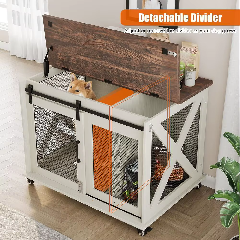 37 Sliding Barn Door Dog Crate Furniture, Wooden Top Kennel End Table, Medium Dog House, Two-Tone Brown & White — image 4