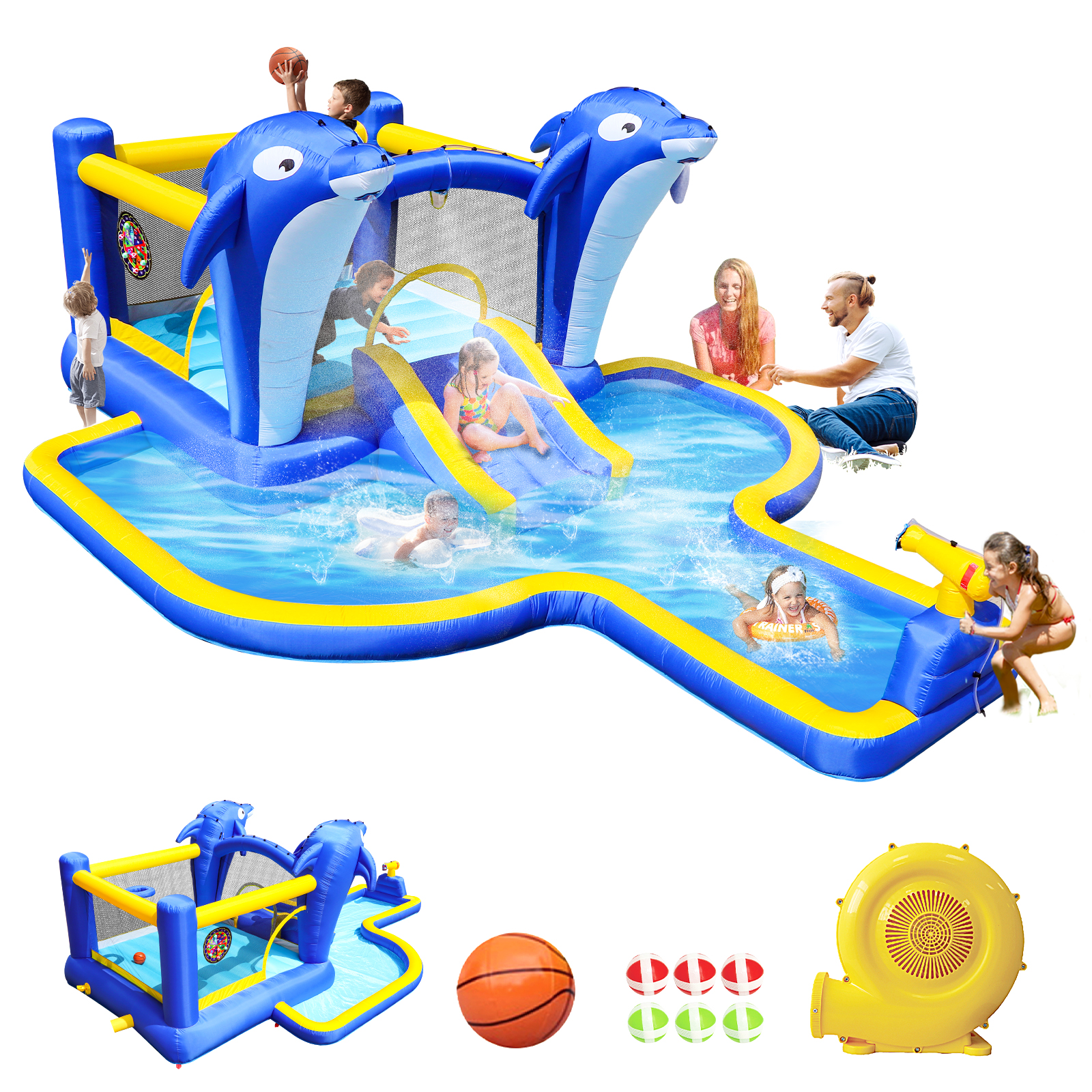 8 en 1 Parque de agua inflable con tobogán, trampolín y casa de bolas para jardín o patio exterior con delfín regador & juegos de blanco & pistola de agua & balón de básquetbol — imagen 5