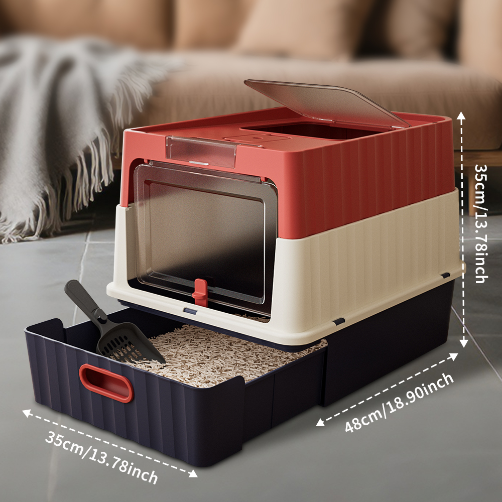Caja de Arena para Gatos con Acceso Doble y Cierre Total, Diseño Anti-Rastro en Entrada Superior, Espacio Ampliado para Orinar con Cuchara de Limpieza — imagen 6