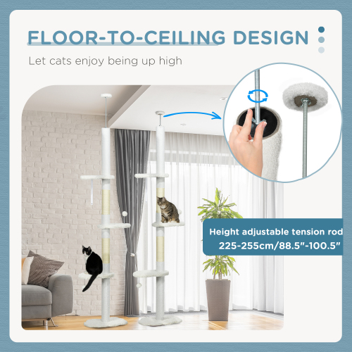 PawHut Floor To Ceiling Cat Tree With Scratching Posts, 88.5-100.5 Adjustable Height, Cat Climbing Tower With Cloud Shape Platforms, Toy Balls, Anti-toppling Device, White — image 3
