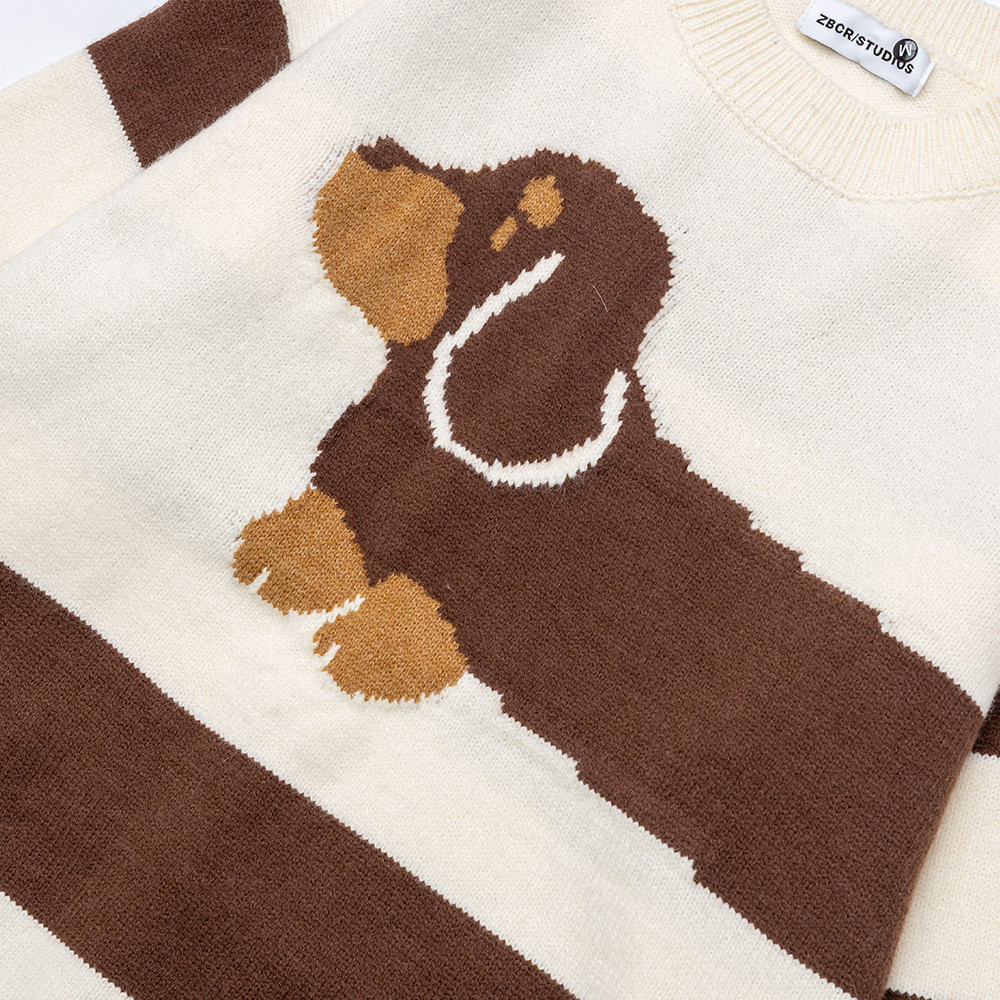 Color blocking striped cartoon dog round neck sweater — image 4
