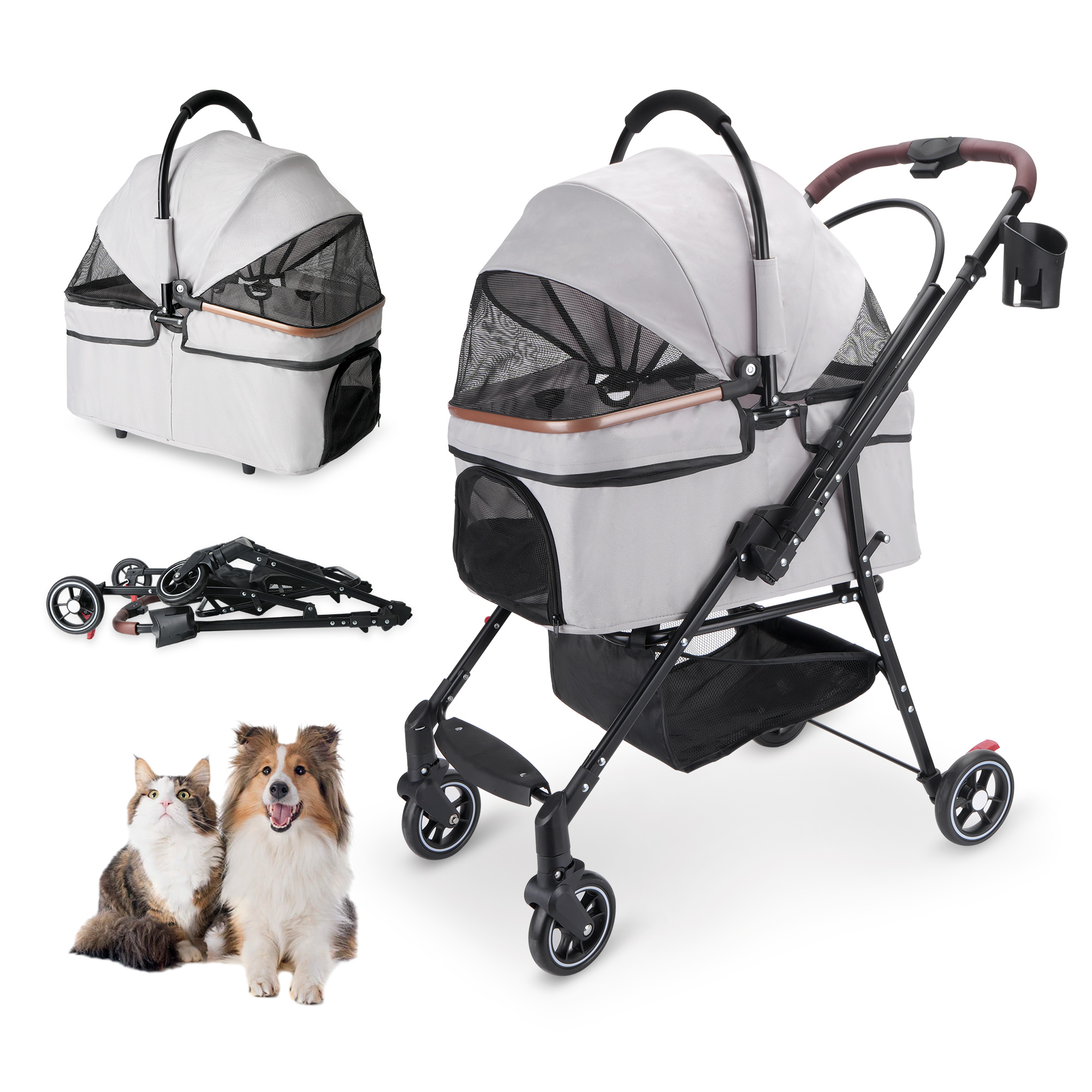 Cochecito Plegable de 4 Ruedas para Perros y Gatos, Ruedas Giratorias 360°, Portador Separable y Bolsa de Viaje para Animales Pequeños — imagen 4