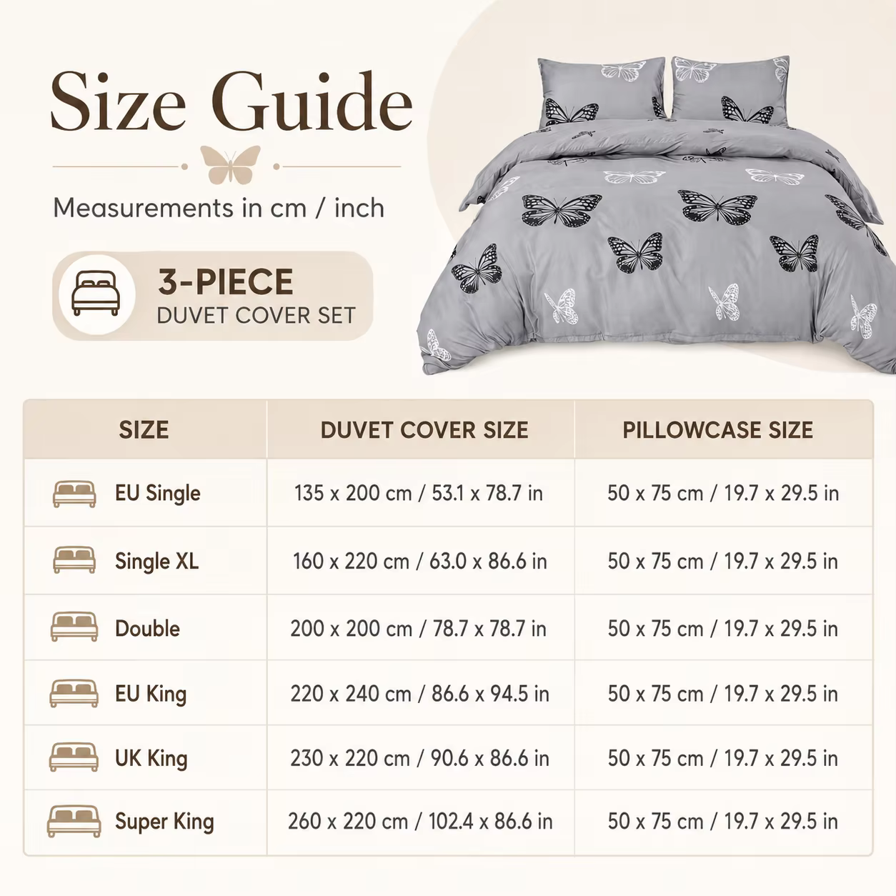 3Pcs Gray Butterfly Duvet Cover Set Soft Bedding Set with Pillowcases, Black White Butterfly Bed Cover for Girls Teens Queen King Twin Full — image 7