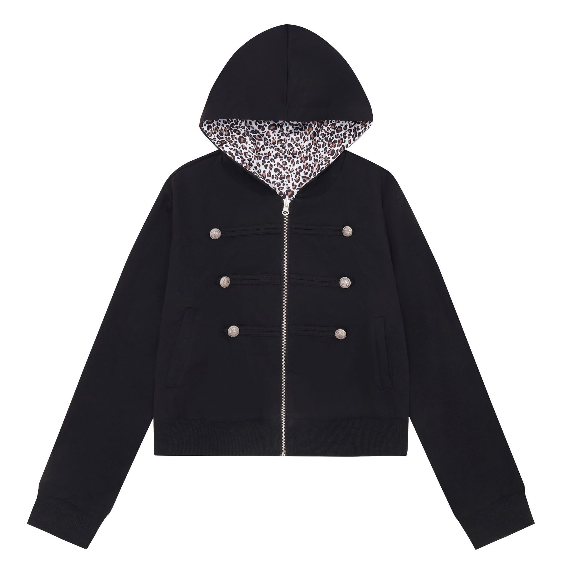 Chaqueta de corte corto reversible con estampado de leopardo, doble botonadura, cierre de cremallera y capucha — imagen 2