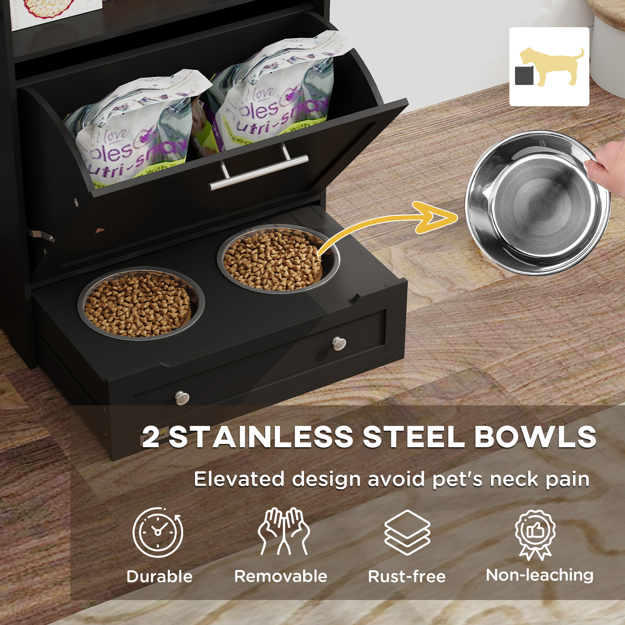 Pet Feeder Station Storage Cabinet, Dog Food Storage Container with Dog Raised Bowls, Watering Supplies, Black — image 3