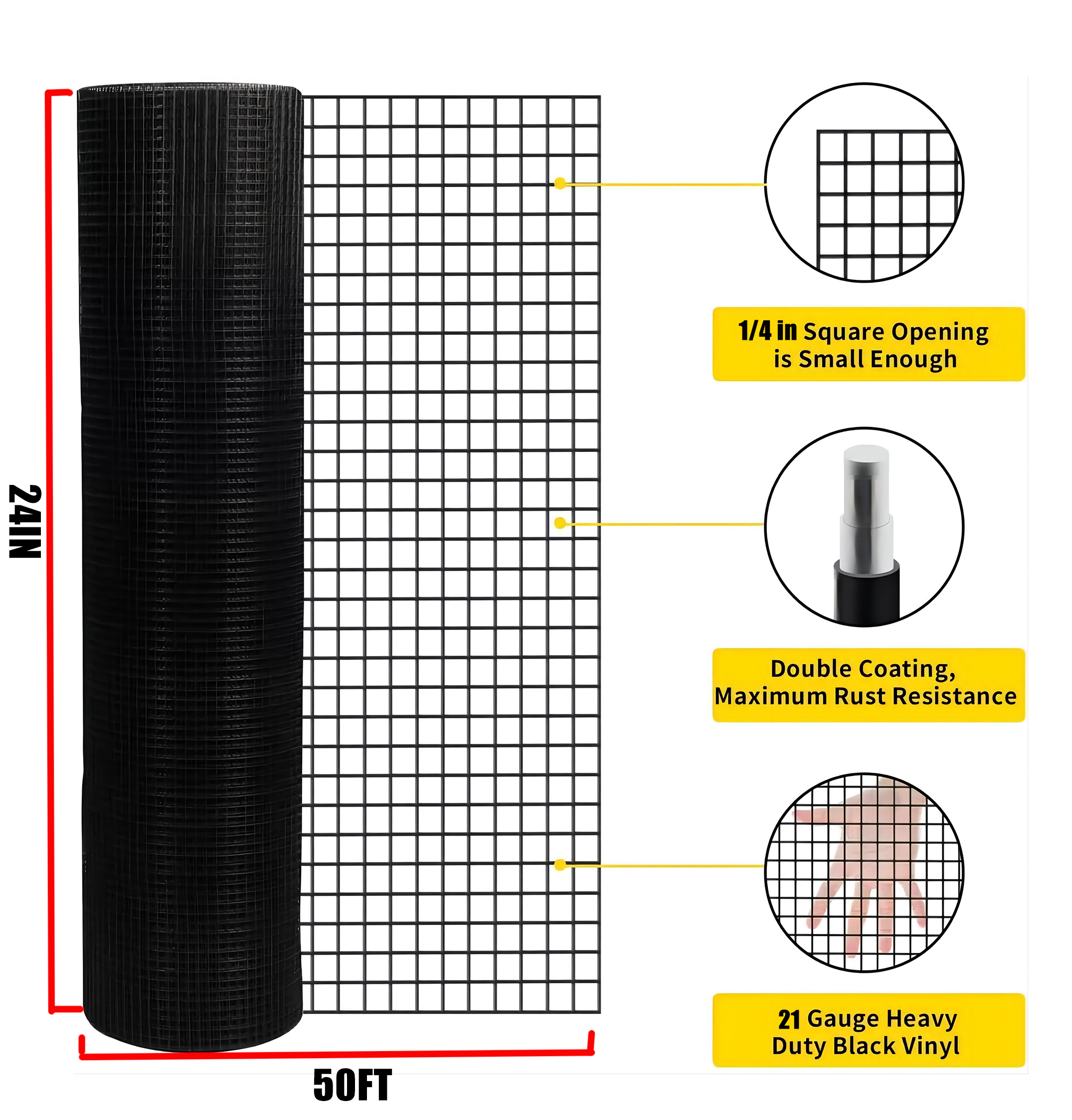 Malla Metálica Recubierta de Vinilo Negro de 24 Pulgadas x 50 Pies, Calibre 21, 1/4 de Pulgada, Malla PVC Negra, Cerca de Alambre Soldado para Aves de Corral, Mejoras del Hogar y Gallineros — imagen 2