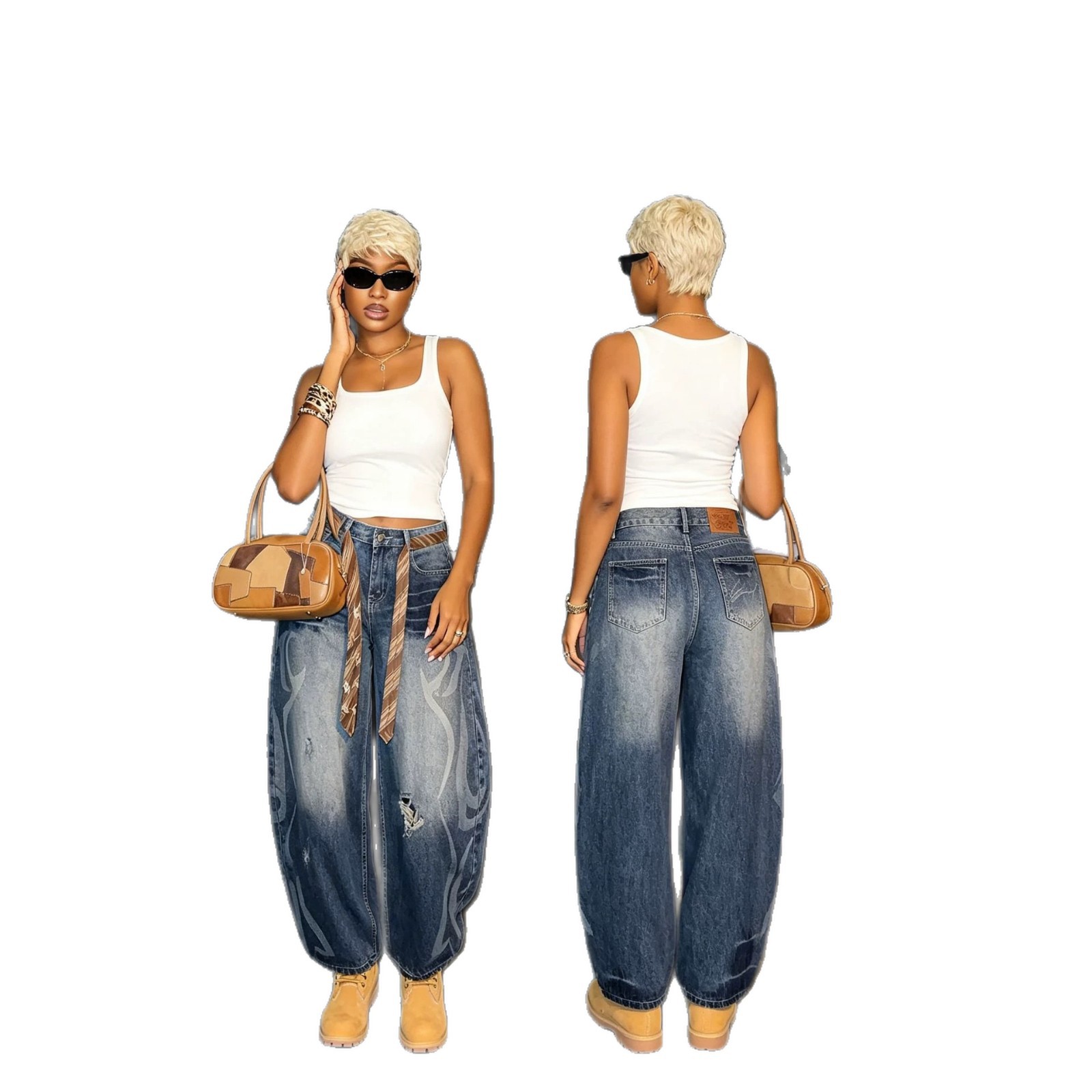 Washed Cat-Whisker Distressed Knife-Cut Denim Pants with Oversized Silhouette — image 6
