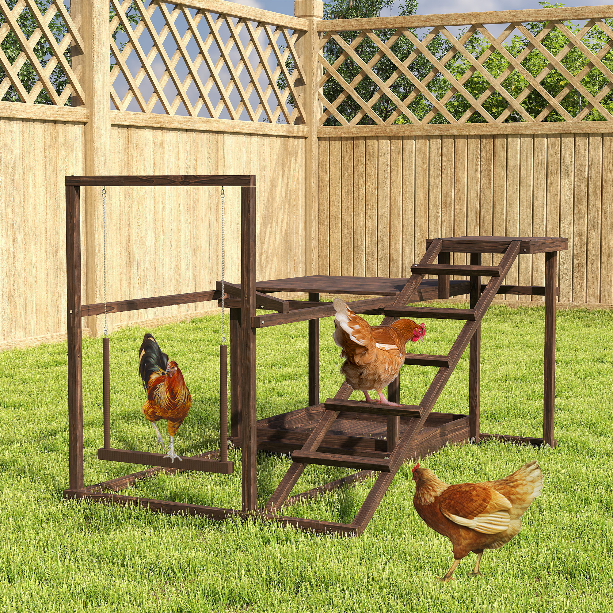 Wooden Chicken Activity Play Set With Perch, Swing, Ladder, Platforms, Feeder Storage, Coffee — imagen 1
