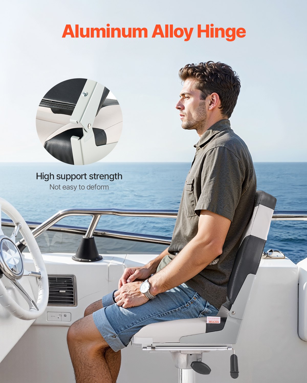 Boat Seat, High Backrest, Folding Fishing Boat Seat With Thickened Sponge Cushion & Waterproof PVC Leather, Aluminum Alloy Hinges, Flip Up Boat Seat For Boats, Yachts, Ships, Black & Grey — imagen 5