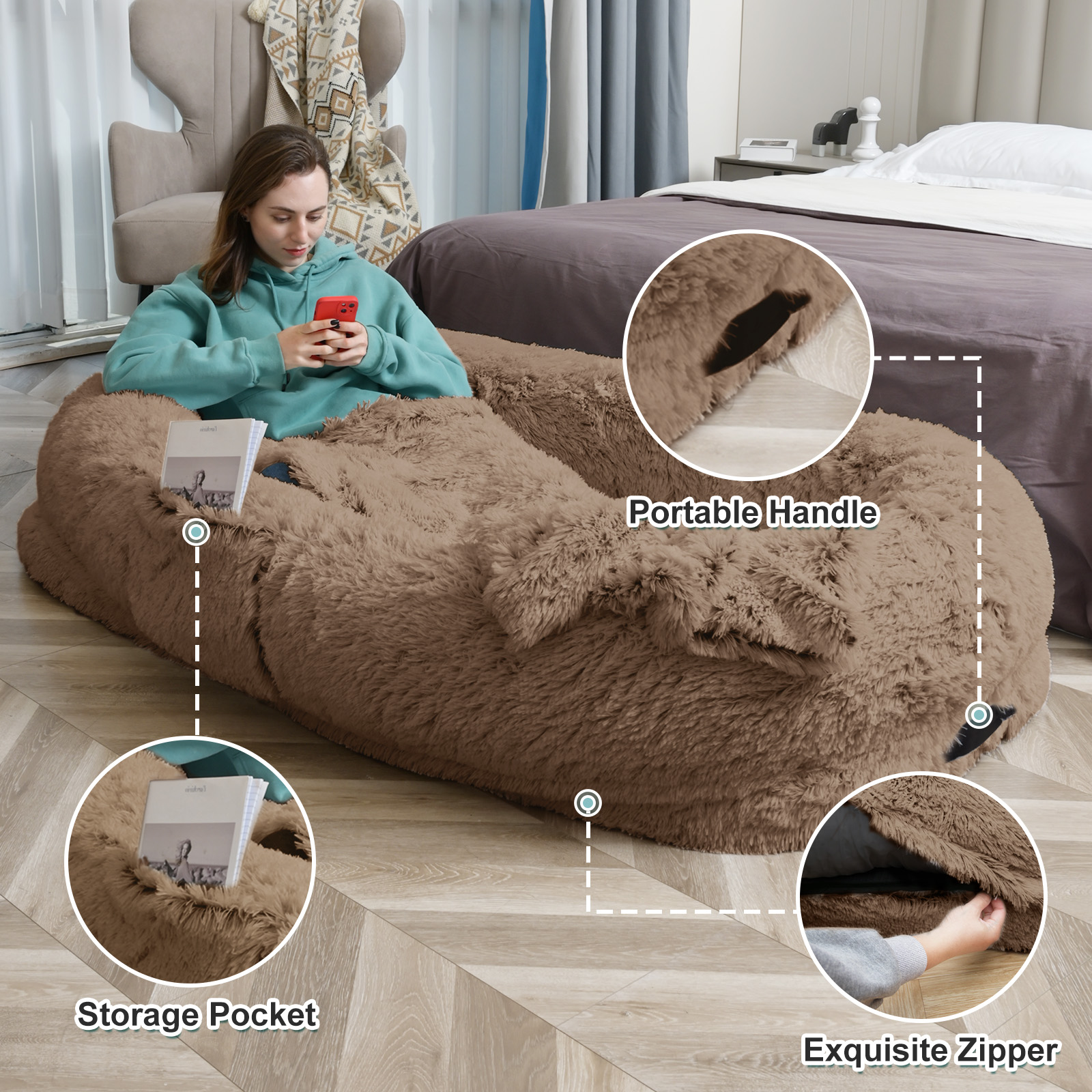 Cama para Humanos y Mascotas - 63'' x 31.4'' x 9.5'' Caja de Descanso con Felpa Sintética Lavable, Soporte Óptimo, Incluye Almohada &amp; Edredón — imagen 10