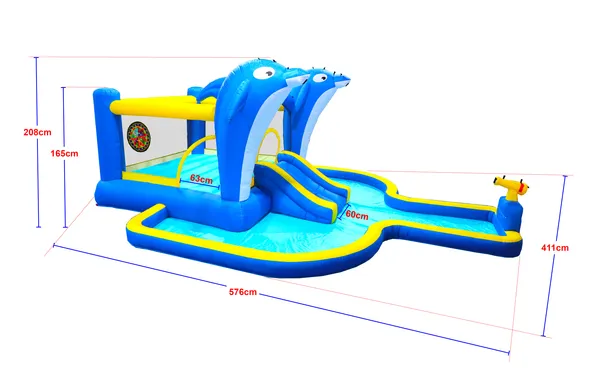 8 In1 Inflatable Slide Water Park Trampoline Bouncing House Outdoor Garden With Dolphin Sprinkler & Target Games & Water Gun & Basketball — imagen 2
