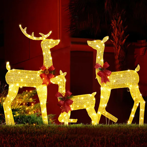 Set de 3 Piezas de Renos Navideños Iluminados para Decoración Exterior, Familia de Ciervos 2D Resistente a la Intemperie, Decoración Navideña con 200 Luces LED Blancas Cálidas Preinstaladas y Estacas, Dorado — imagen 10