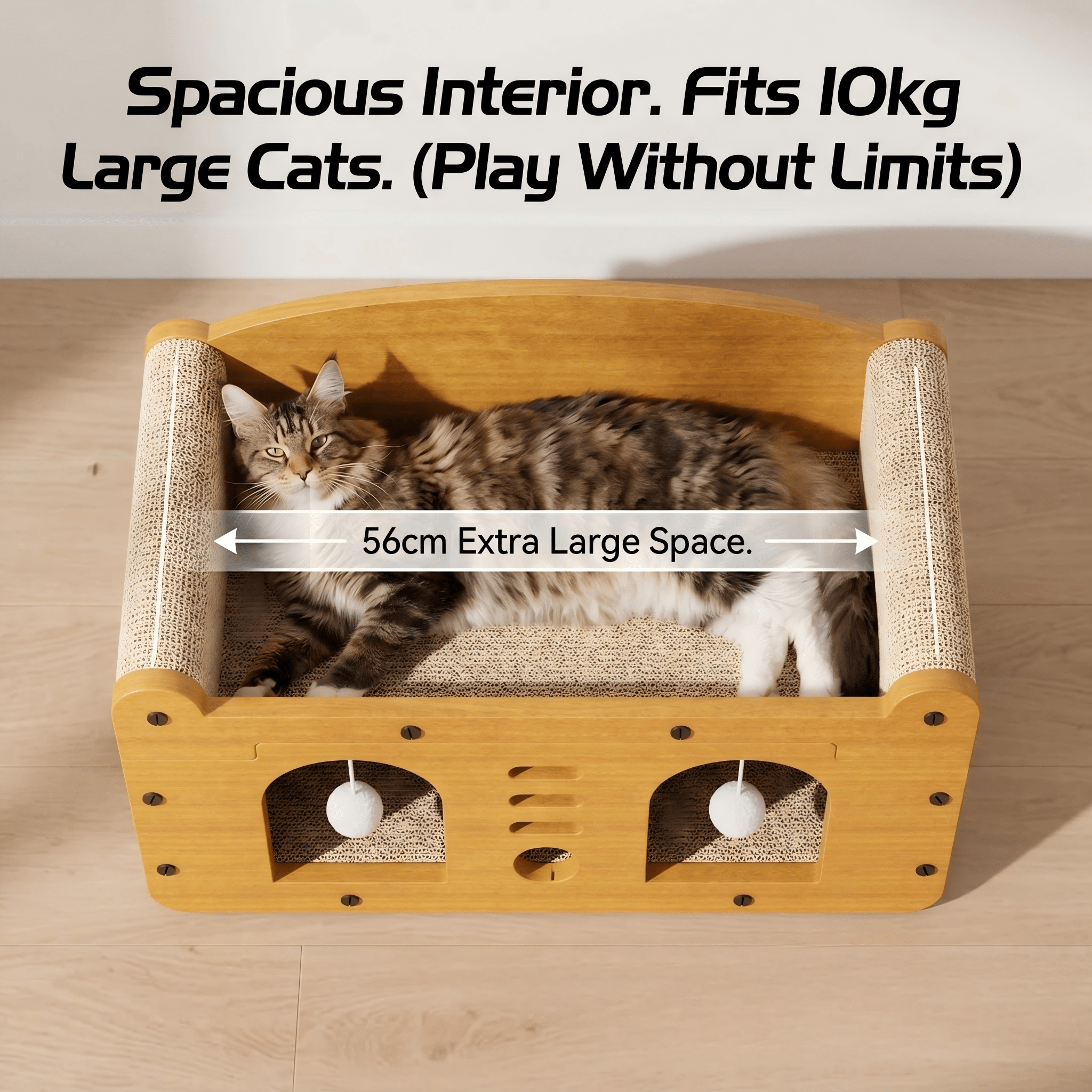 Casa de Gato Multiestilo con Dos Capas: 2 Niveles Grande para Perros y Gatos con Cartón Corrugado, Bolas Suspensas Interactivas y Soporte Cervical Ergonómico para Hogares con Muebles — imagen 7