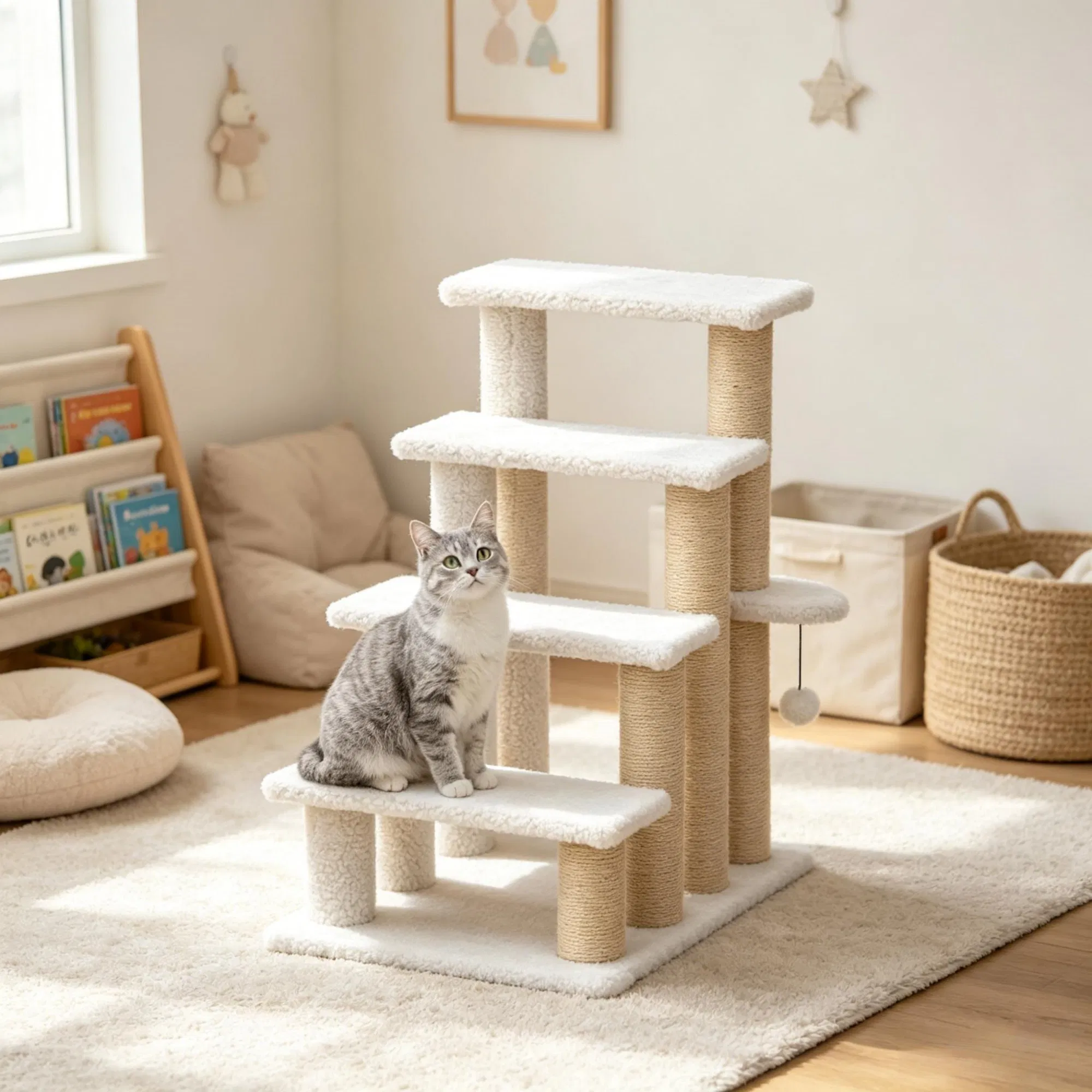 4 Levels Cat Steps with Scratching Posts for High Bed, Sofa, Non-slip Sturdy Pet Climbing Ladder for Indoor Cats, White — image 1