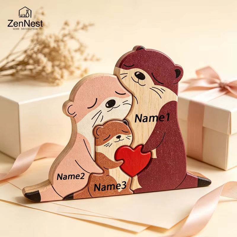Cute Otter Family Wood Puzzle Ornament Red Heart Tabletop Decor Mother's Day Christmas Birthday Home Office Souvenir Gift — image 6