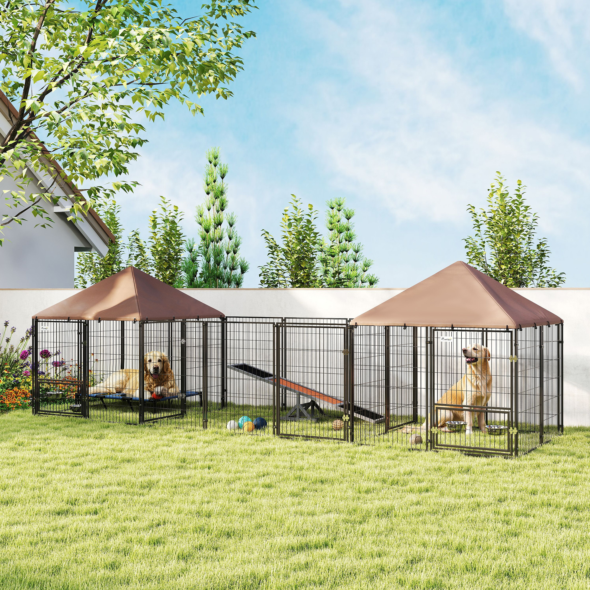 Large Outdoor Dog Kennel with 2 Rooms, Rotating & Adjustable Height Bowls, Waterproof & UV-Resistant Canopy — imagen 7