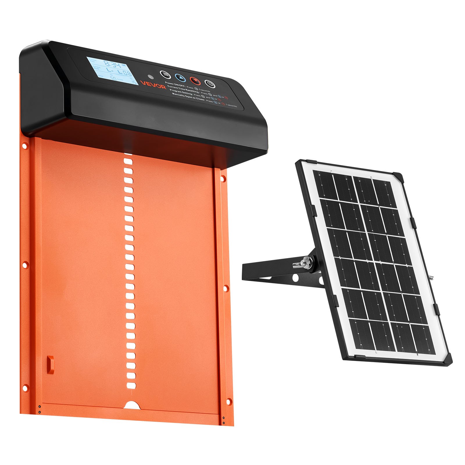 Puerta Automática para Gallineros con Energía Solar y Batería, Pantalla LCD, Control Remoto, Sensor de Luz y Programador, Protección Antiderrame, Puerta de Corral para Pollos de Aluminio, Naranja — imagen 1