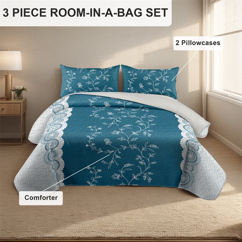 Colección de Edredón Floral Azul Turquesa 3 Piezas con Fundas de Almohadas Ajustadas, Diseño de 130 GSM Microfibra para Camas Fáciles de Limpiar y Amigables con Mascotas — imagen 10