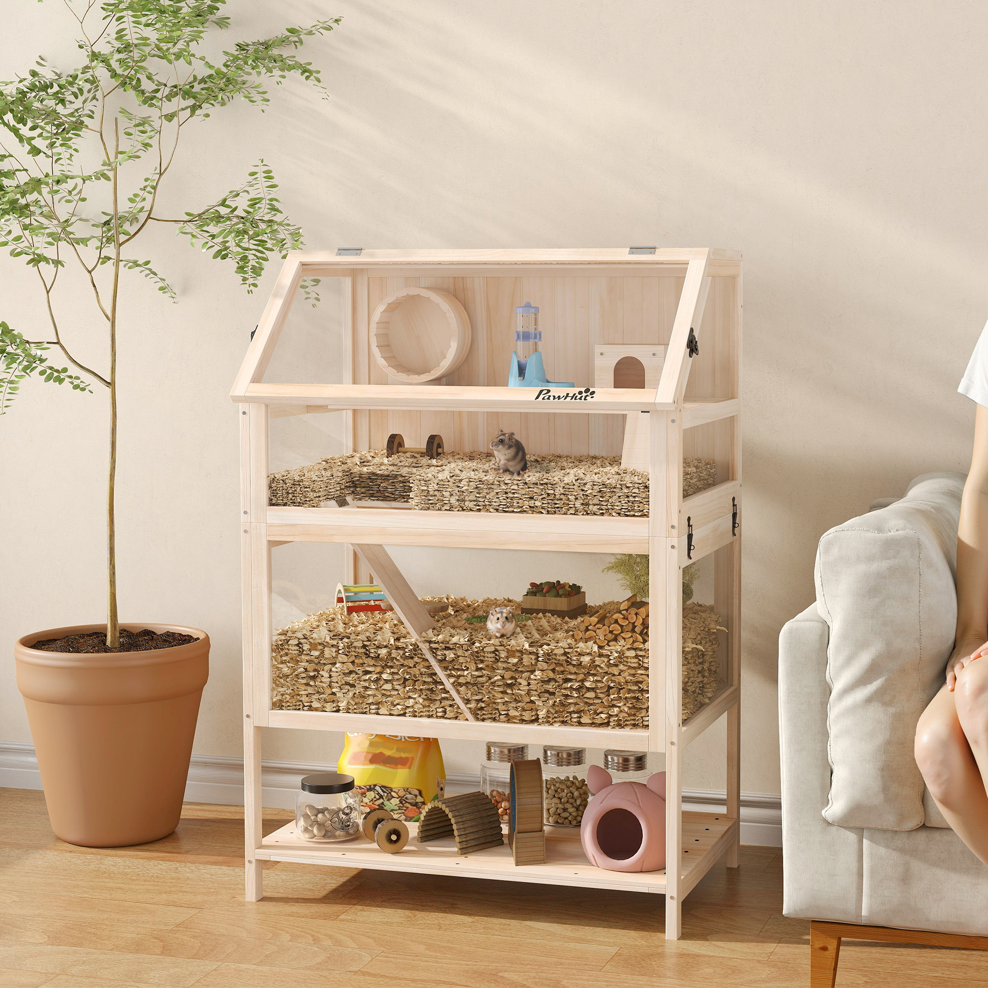 Caja de Madera para Hámsters con Piso Inferior Desmontable, Estante de Almacenamiento, Cueva, Balsa, Rueda de Ejercicio y Rampas para Hámsters Enano — imagen 2