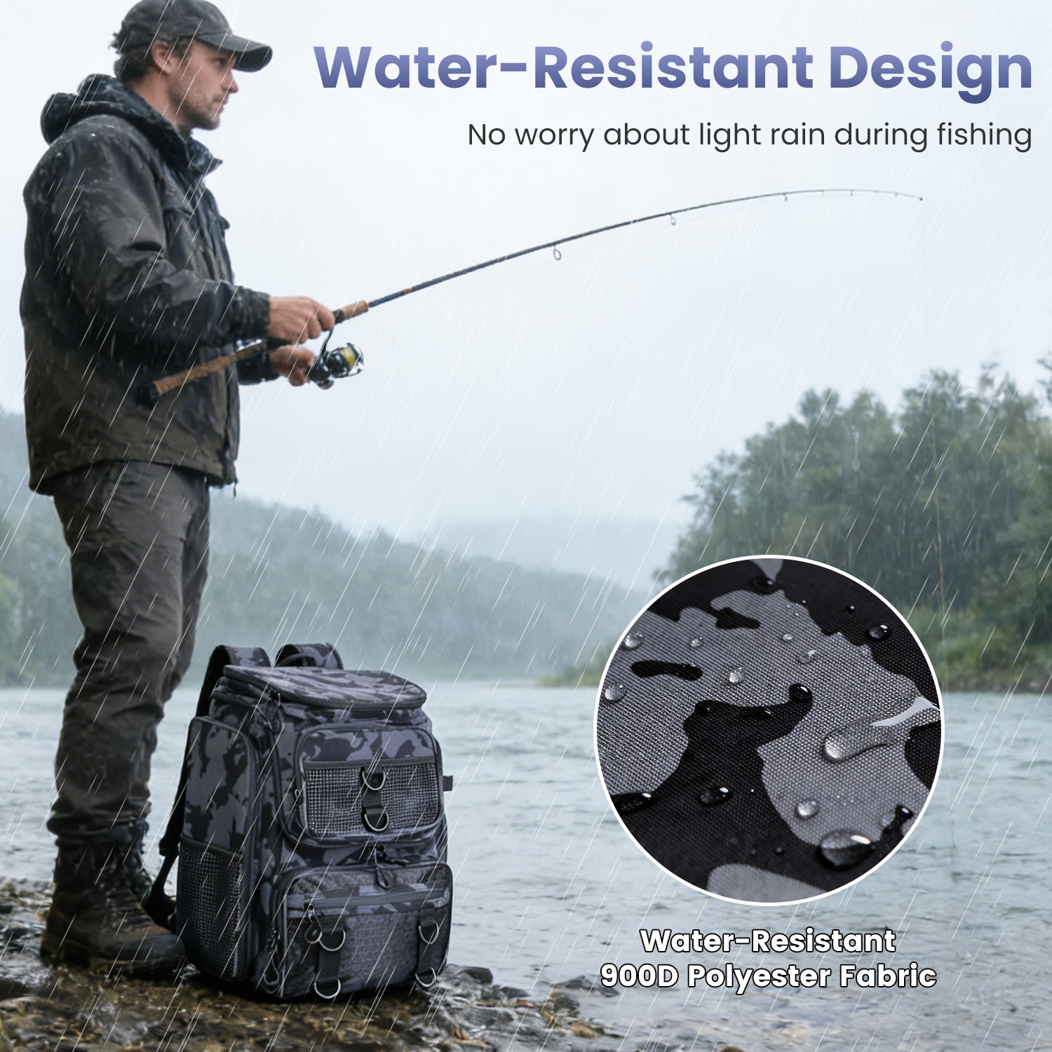 Mochila de Pesca de 42L (11Gal), Bolsa de Almacenamiento de Gran Capacidad para Equipo de Pesca, con Portacañas, 16 Bolsillos, Resistente al Agua, con Divisor, Correas Acolchadas Ajustables Para Pesca, Camping al Aire Libre y Senderismo — imagen 2