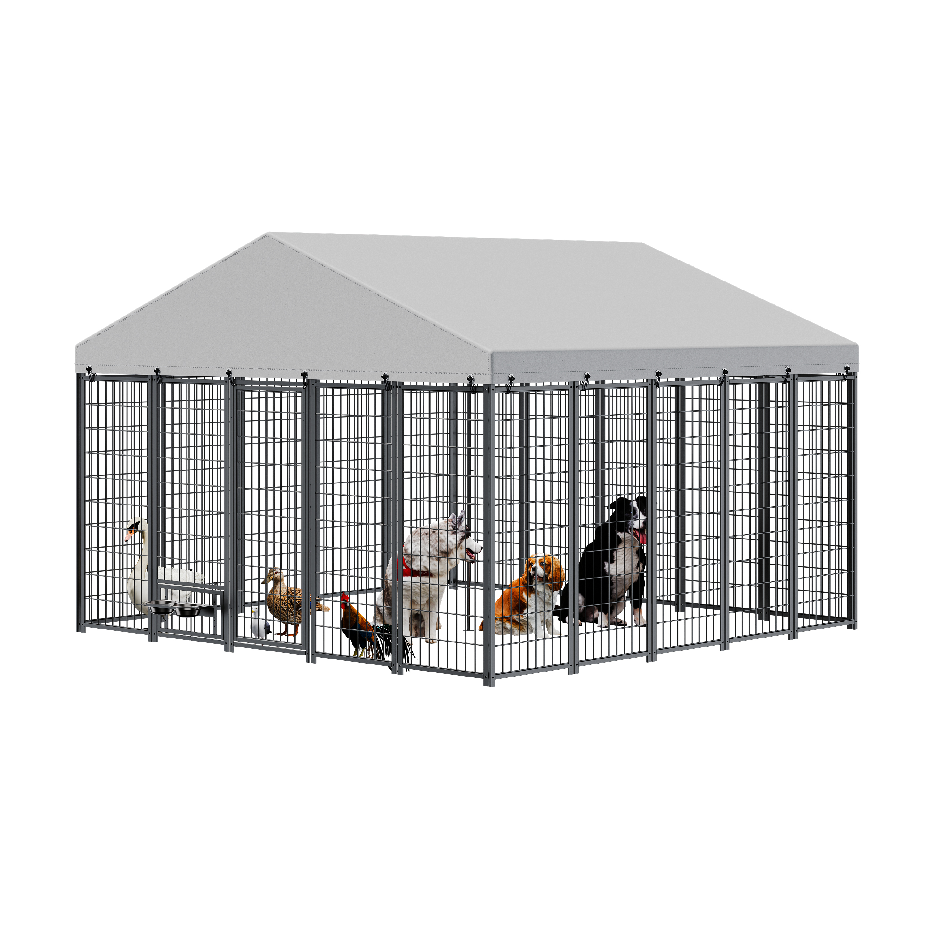 Large Dog Kennel Outdoor Pet Pens Dogs Run Enclosure Animal Hutch Metal Coop Fence With Roof Cover. 9.61'L X 9.45'W X 6.77'H — imagen 3