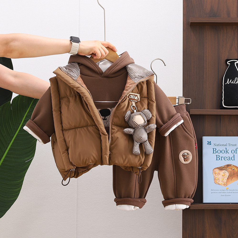 Boys Winter 3D Bear Pattern 3-Piece Set Thickened Cotton Vest Fleece-Lined Hoodie Pants Kids Warm Outfit — image 5
