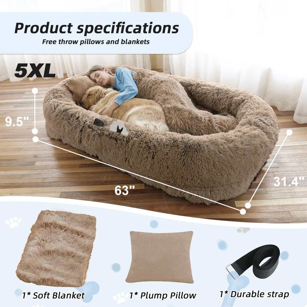 Cama para Perros y Personas Grande, Para Ti y Tu Mascota, Cama de Felpa Sintética Lavable para Dormir o Descansar, Soporte Óptimo para Canes, Almohada Pluma Presente, Manta, Correa — imagen 15