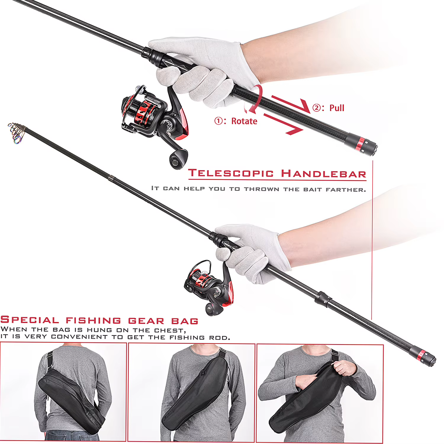 Combo de Pescar con Varillas de Fibra de Carbon y Reel de Cepillo con Bolsa Portátil para Lures, Ganchos y Suizantes Completo — imagen 3