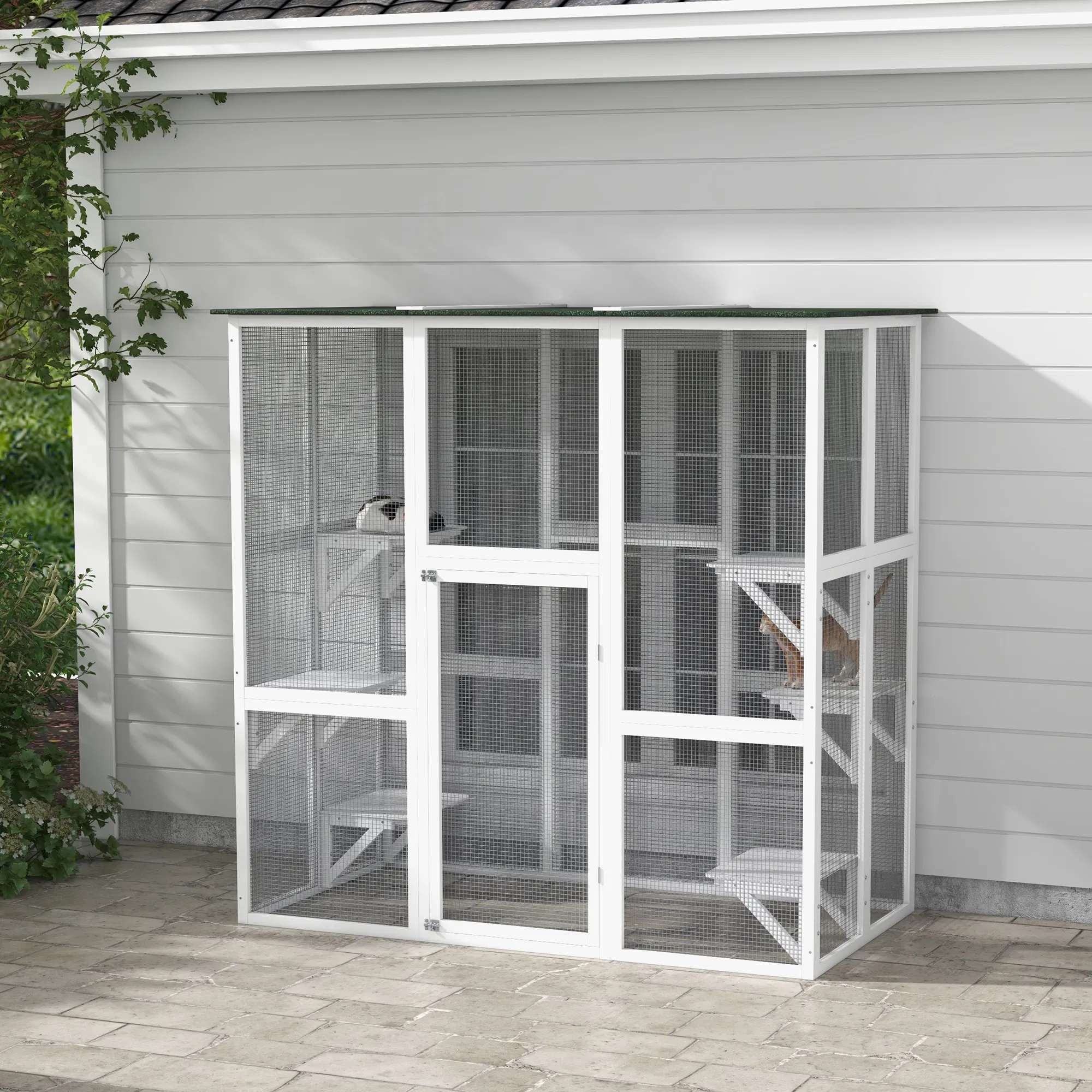 Large Outdoor Catio Enclosure, Wooden Cat Patio with 6 Balanced Platforms and Asphalt Roof, 70.9" x 38.6" x 70.9", White — image 1