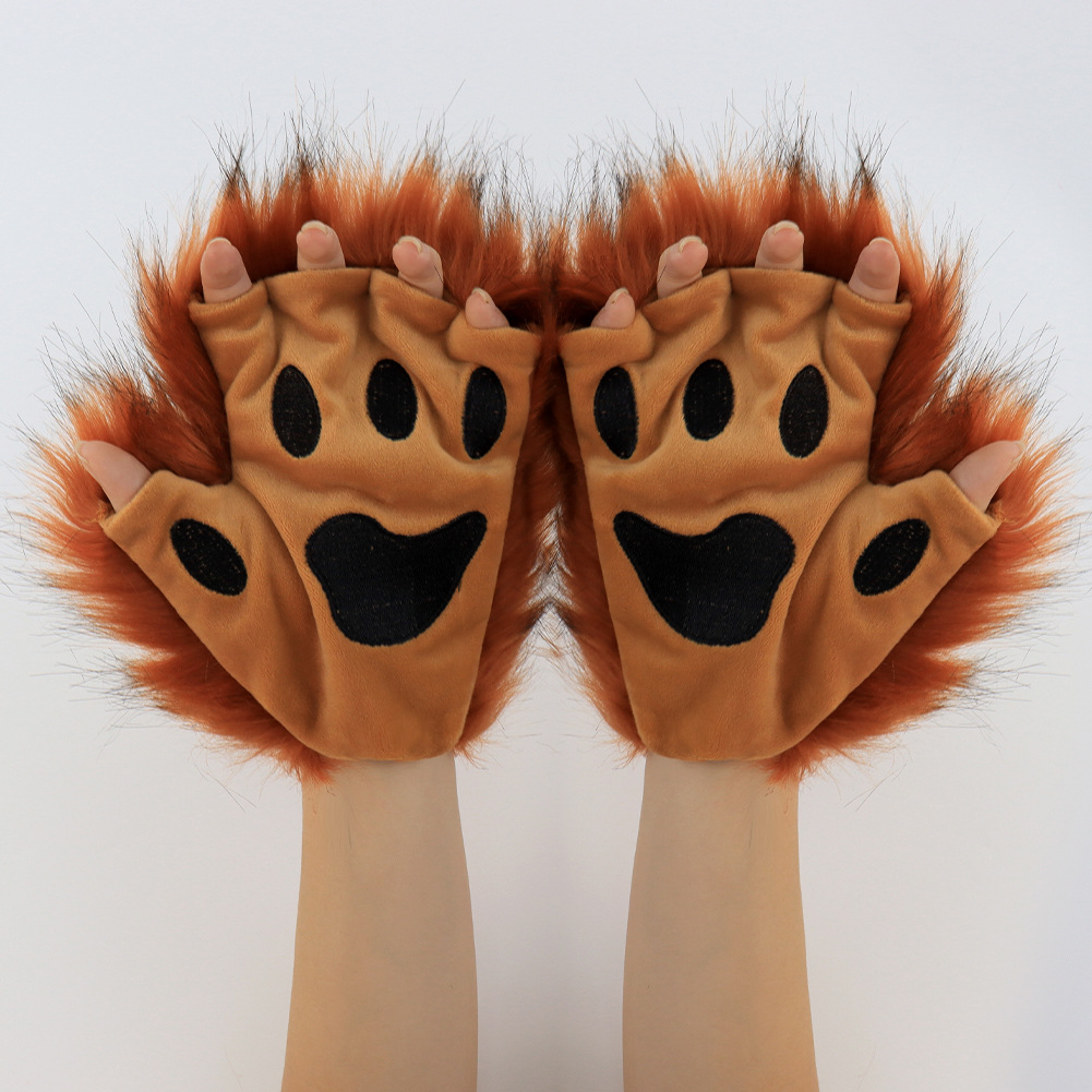 Fuzzy Cat Paw Gloves Halloween Costume Prop Cosplay Wearable Half-Finger Animal Paws Winter Warmth — image 10