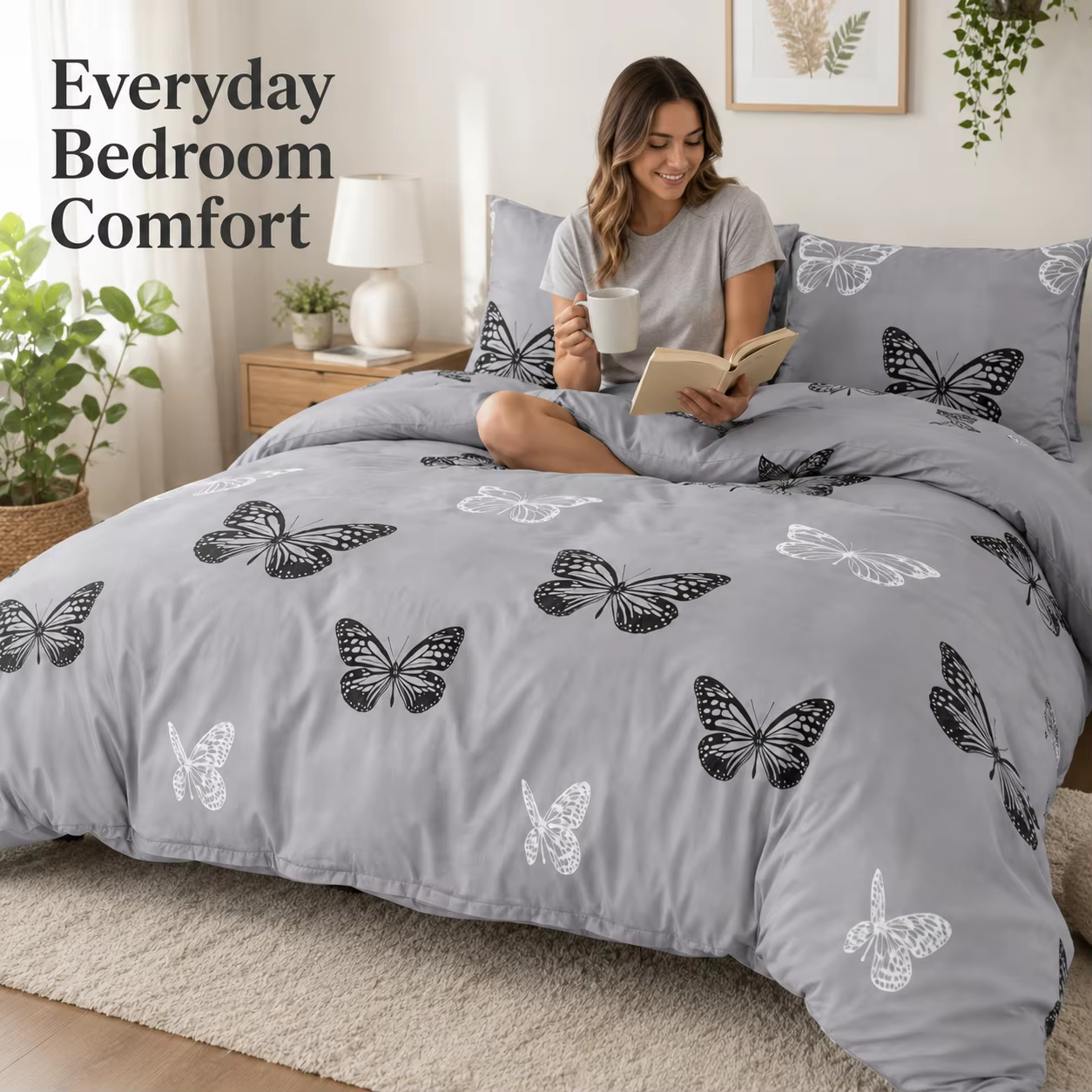 3Pcs Gray Butterfly Duvet Cover Set Soft Bedding Set with Pillowcases, Black White Butterfly Bed Cover for Girls Teens Queen King Twin Full — image 4
