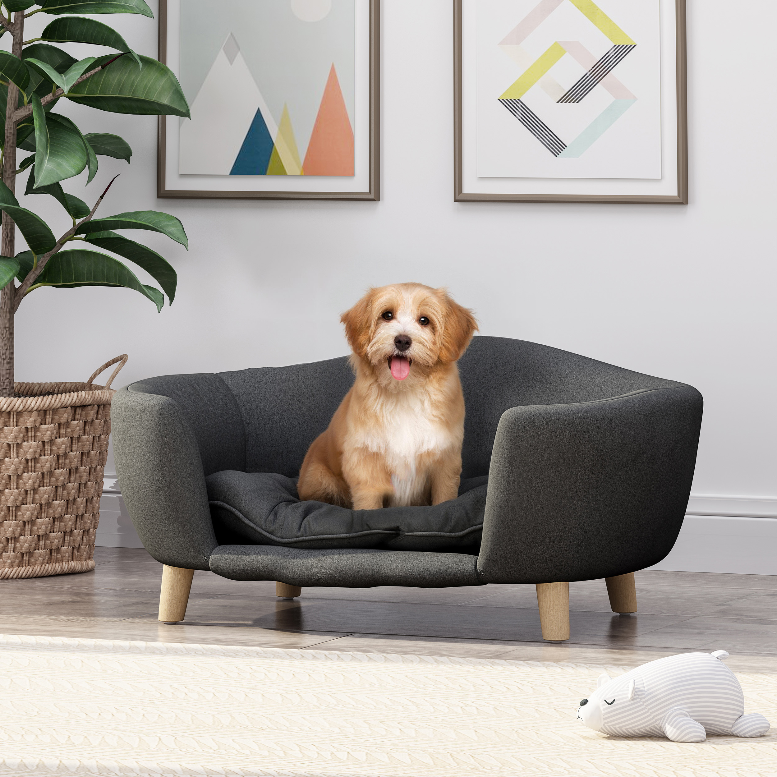 Elevated Dog Bed Frame for Small Dog, Fabric Pet Couch Bed with Rubber Wood Legs and Supportive Foam, Dark Gray, Easy Assembly — image 9
