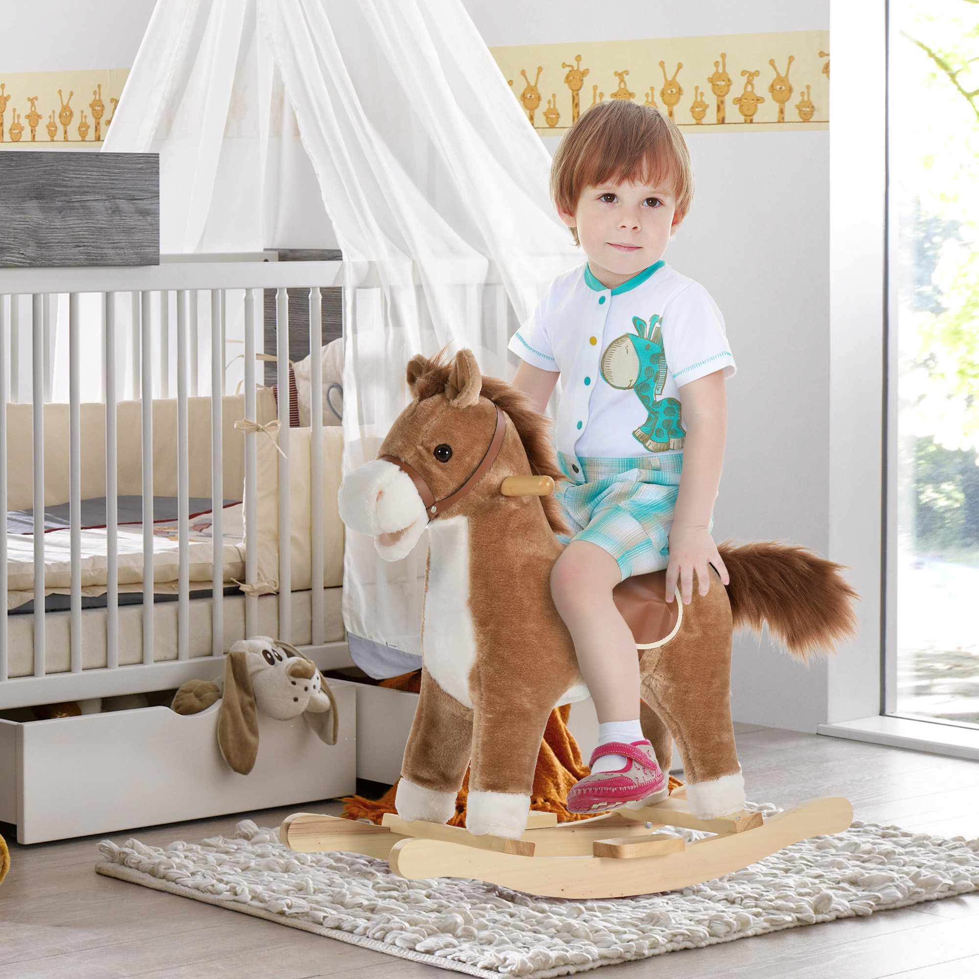 Caballo de Madera con Sonidos y Movimientos, Silla de Paseo para Niños con Boca que Se Mueve y Cola que Se Balancea, Marrón — imagen 1