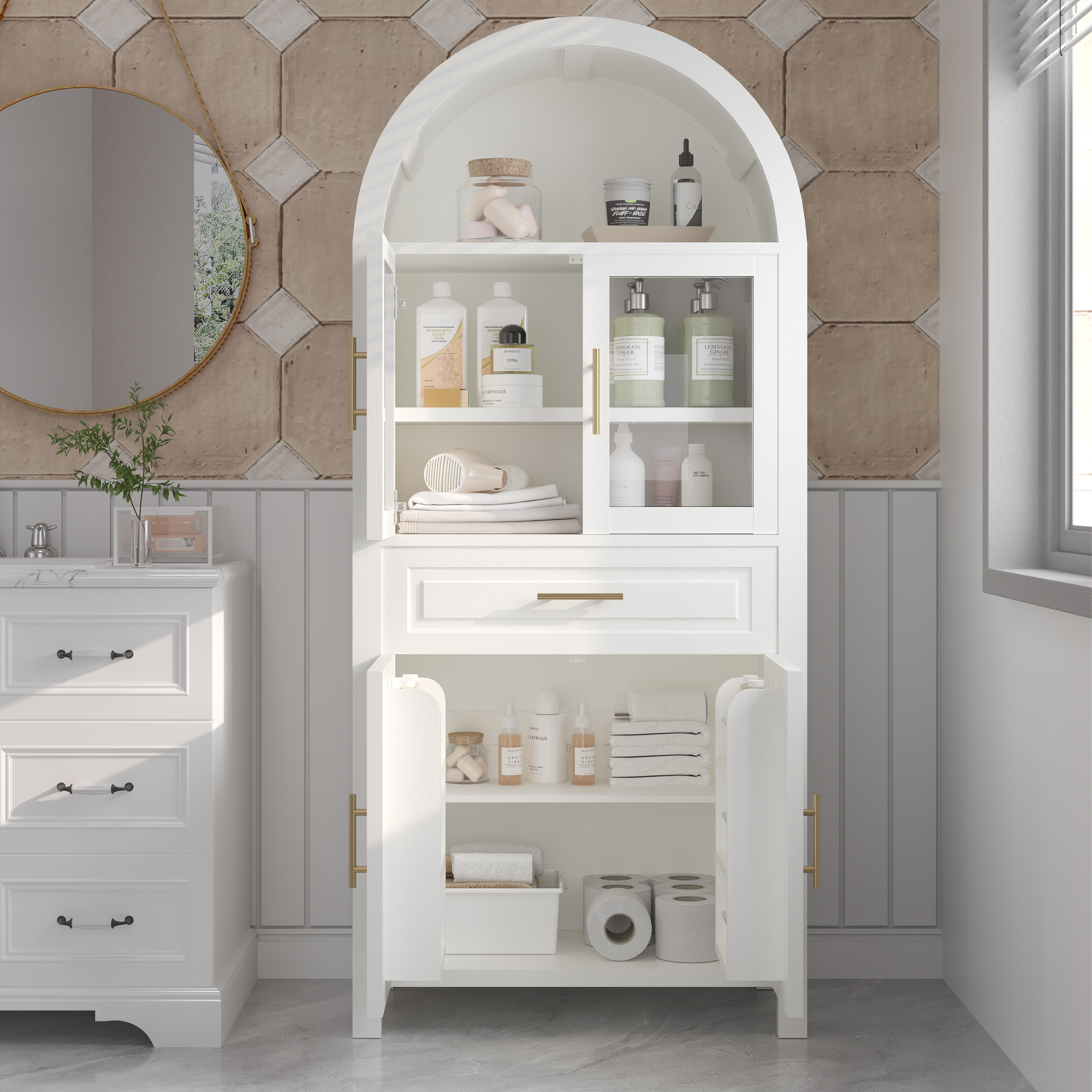 Pantry de Cocina con Puerta de Vidrio y Diseño de Estilo Rural de 71" de Alto con Aros, Armario de Almacenamiento con Estanterías Ajustables para Cocina, Salón y Comedor, Blanco — imagen 3