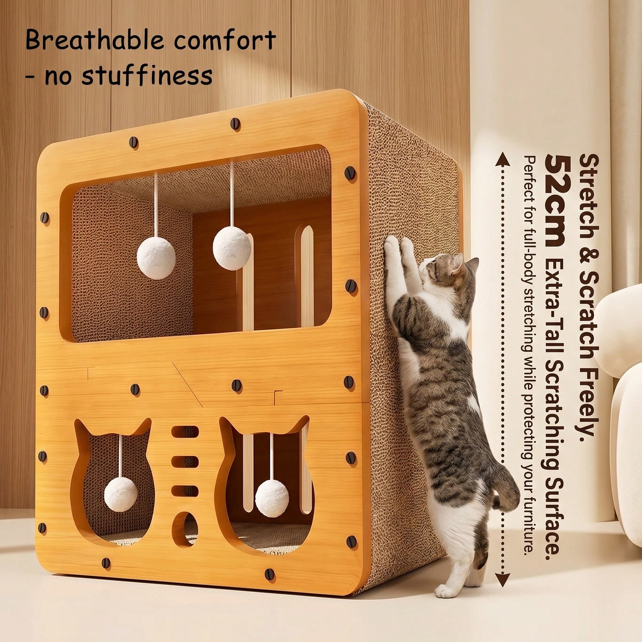 Casa Rascador para Gatos de Doble Capa en 2 Estilos, Nido Multifuncional de Cartón Corrugado, Villa Espaciosa, Cama Cueva para Gatos con Juguete de Bola Colgante, Resistente al Desgaste, Casa para Gatos de Interior para Afilar Uñas — imagen 4