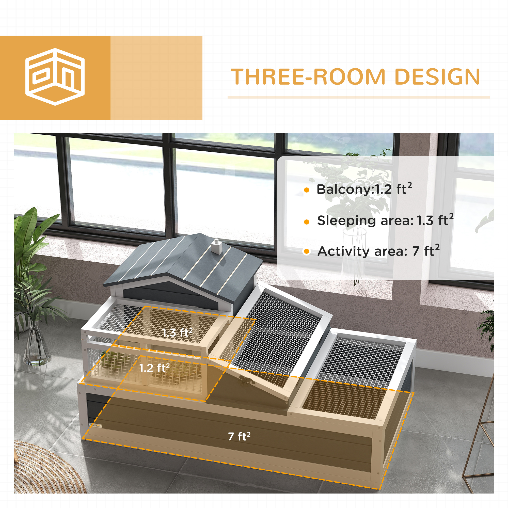 3-Room Tortoise Habitat House W/ Balcony & 2 Stories, 44" X 25.5" X 23", Gray — imagen 3