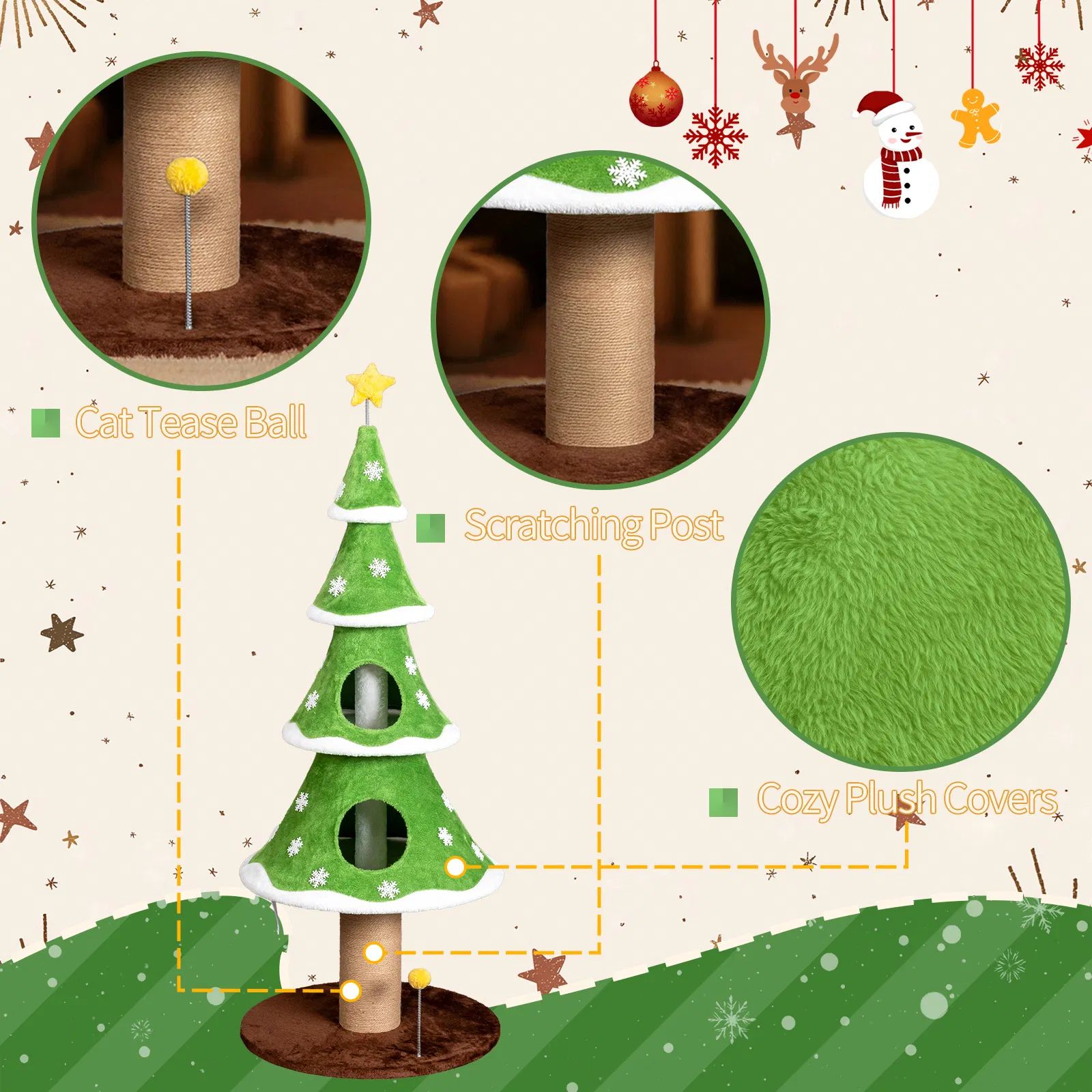 Large Tall Christmas Tree Cat Tower with 2 Cat Condos & Scratching Post, Soft Fleece Cat Tree with Teaser Toy & Sturdy Base & Built-in Openings for Indoor Cats, Green & White — image 1
