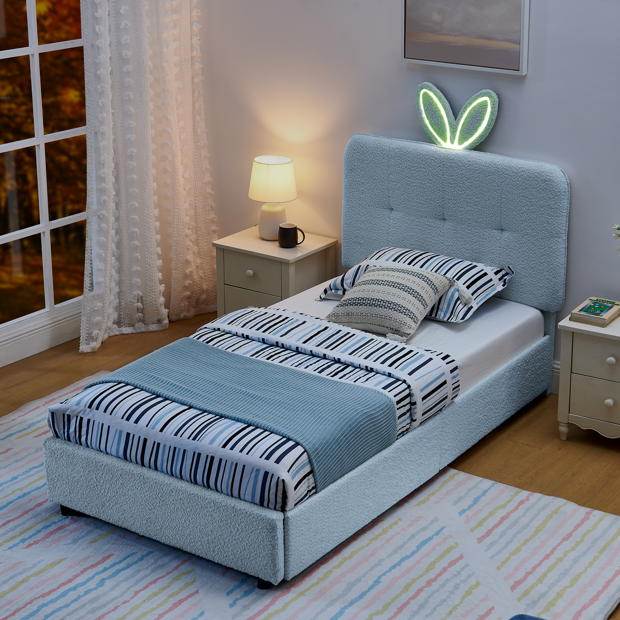 Cama de Tamaño Twin para Niños con Litera de Orejas de Conejo Gigante, Luz LED y 4 Cajas de Almacenamiento, Tela Bouclé 79.5''×40.75''×41'' — imagen 3