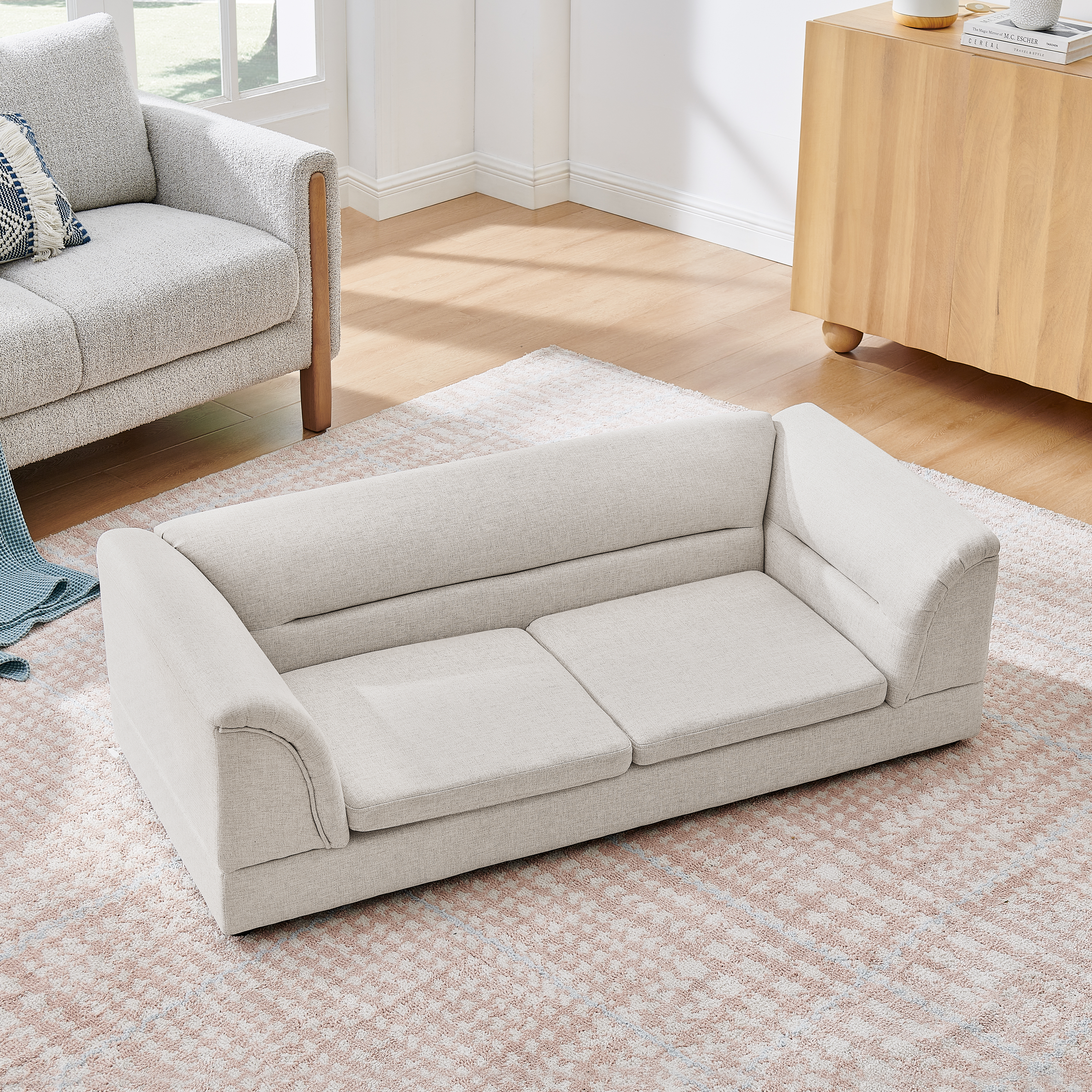 Silla de Comodidad para Mascotas Grande, Sofá Rectangular con Brazo Curvo en Tela de Lino para Perros Grandes - Beige — imagen 4