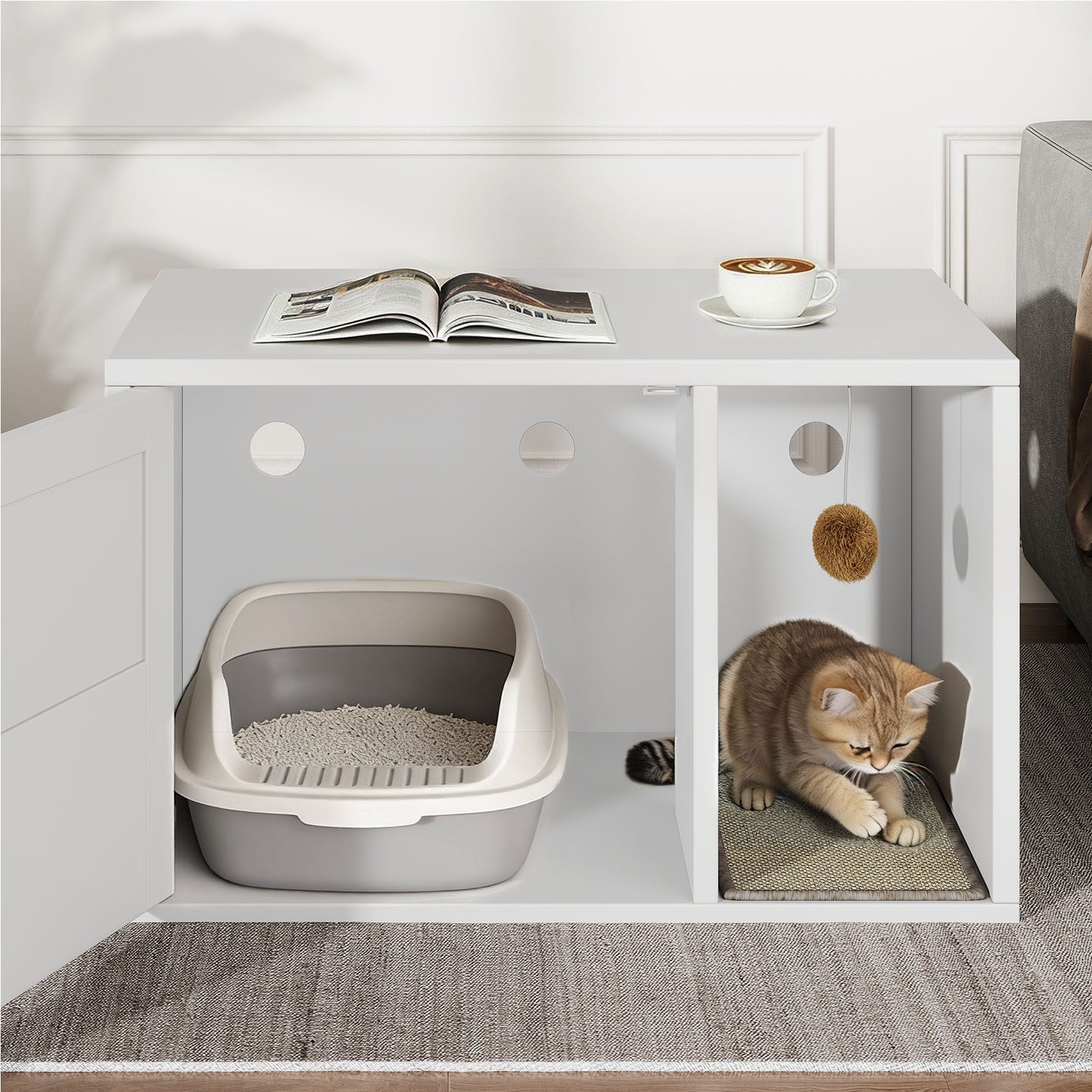 Caja de Limpieza para Gatos Multifuncional de Diseño Blanco Moderno Casa para Gatos con Lavabo y Mesa de Sílabo para Dormitorio y Salón — imagen 35